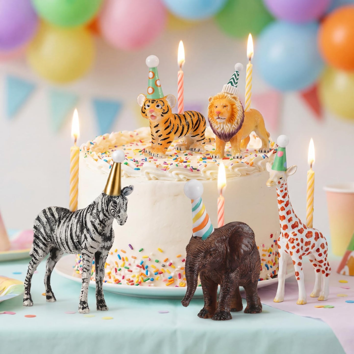 BrightRow 5 Pcs Safari Jungle Animal Cake Candle Holders Resin Animals Figures Cake Topper Birthday Party Decor Giraffe Lion Elephant Zebra Tiger Candle Stands for Wild Animals Themed Party Decor