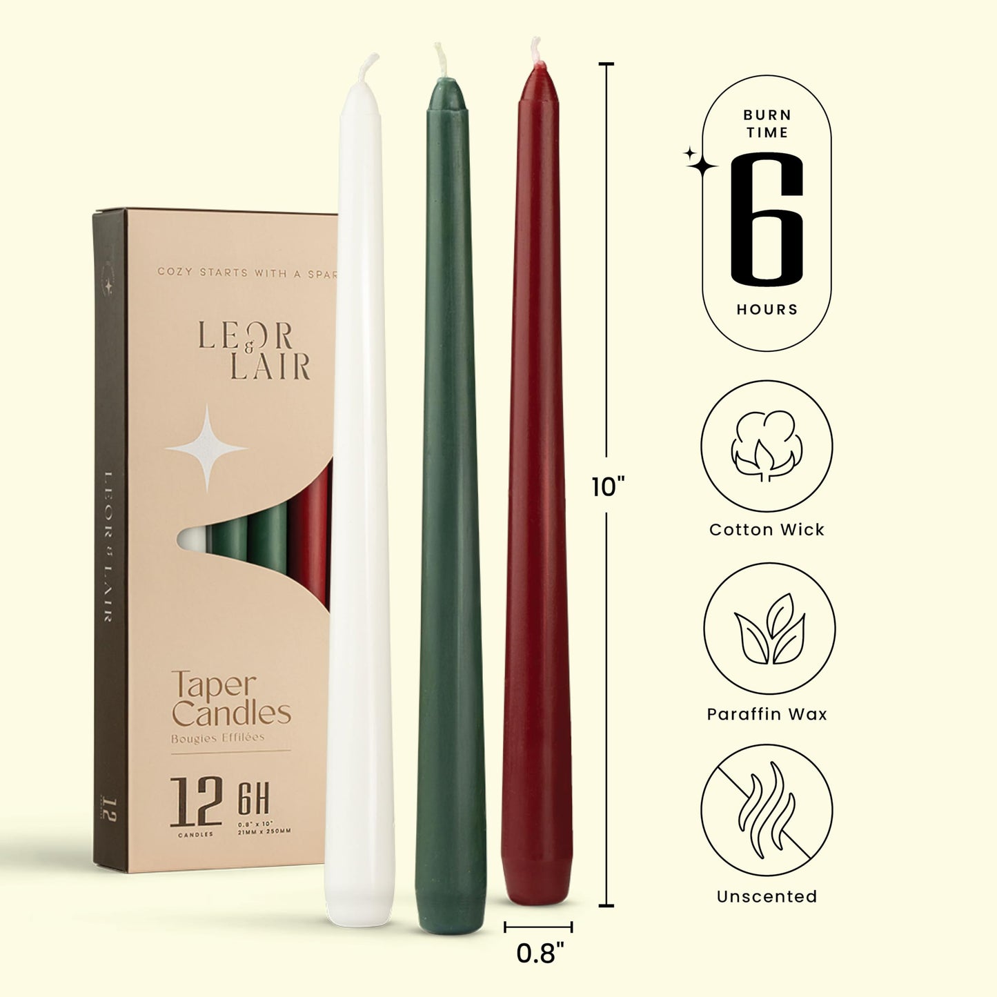 Leor & Lair 10” Christmas Taper Candles – 12 Pack of Red, Green & White Christmas Candlesticks – Long Burning Holiday Dinner Table Candles for Advent, Weddings & Home Décor
