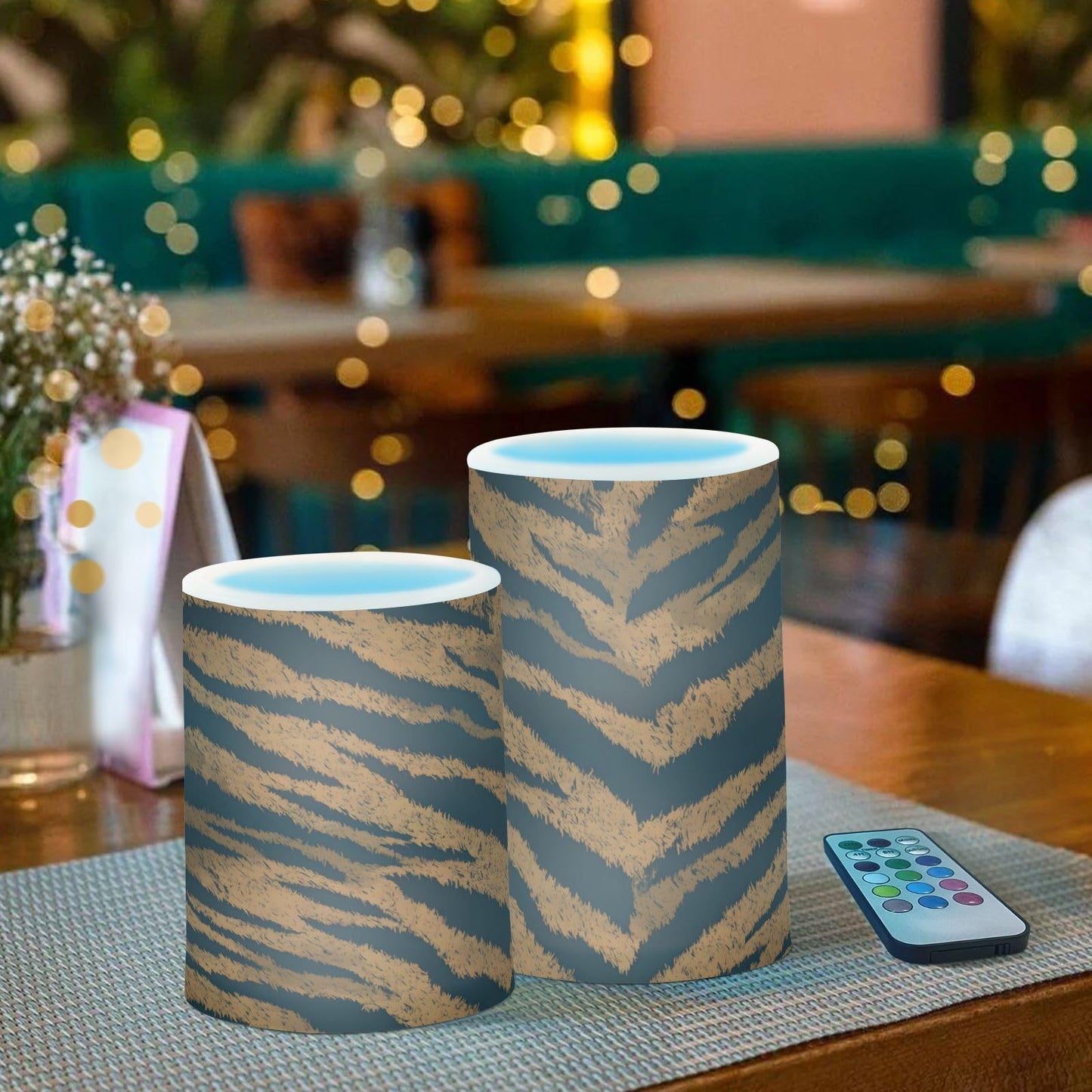panksolu Flickering Flameless Candles, Tiger Skin Print LED Candles with Remote Timer, Battery Operated Candle forWedding Halloween Christmas Decor - Set of 2