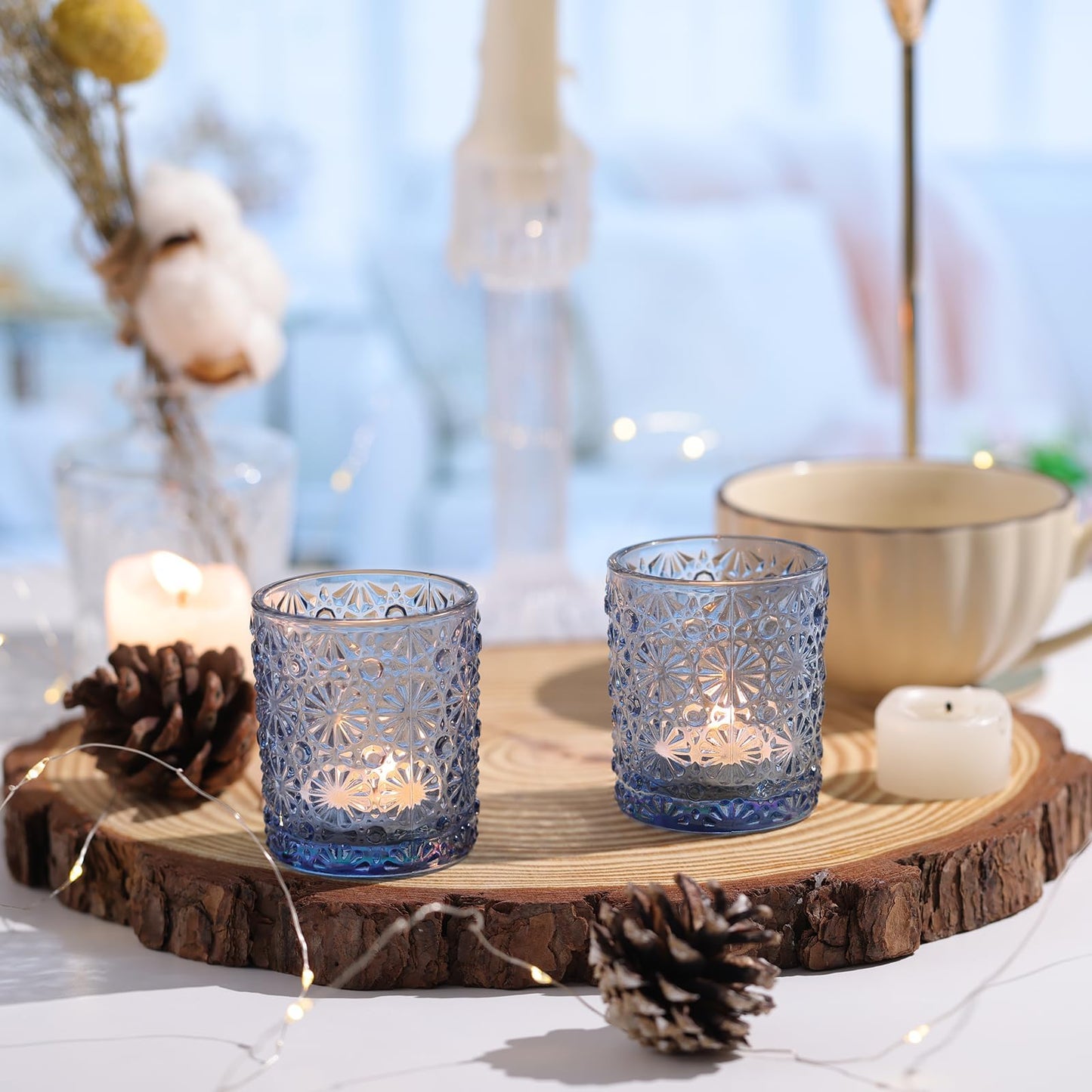 Lanttu Blue Votive Candle Holder Set of 12, Flower Tea Lights Candles Holders for Wedding Table Centerpieces, Birthday Parties, Home Decor, Blue Bridal Shower and Holiday Decorations