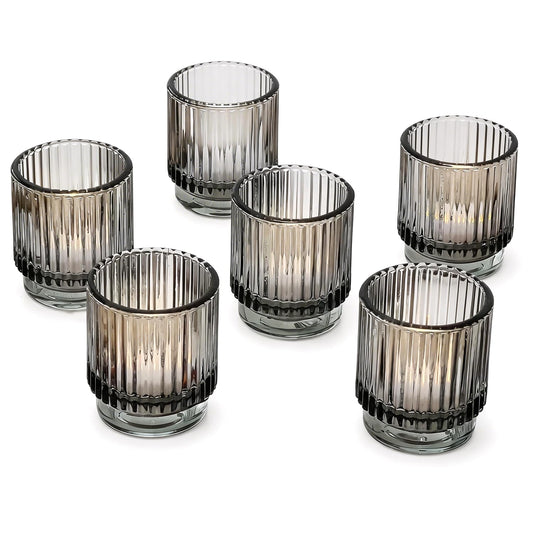 Kate Aspen Ribbed Glass Candle Holder Set - 6 Smoke Gray Tealight Holders for Home, Kitchen, Room or Living Room Decor - Vintage Tea Light Votive Accent for Table or Shelf Styling