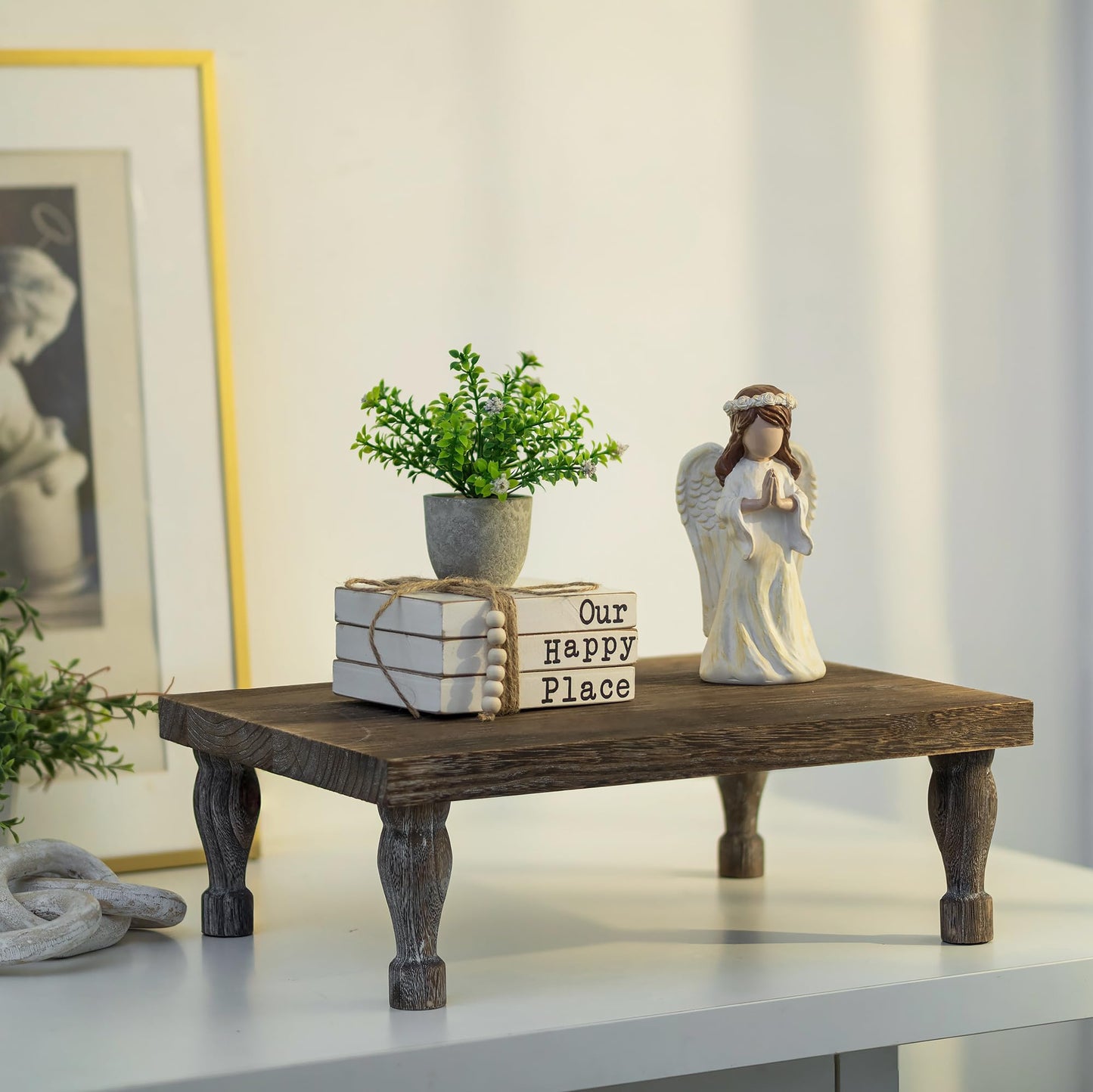 Hanobe Wooden Riser Decorative Tray: Farmhouse Wood Pedestal Display Stand - Rustic Brown Coffee Table Decor for Kitchen Dining Home Decor, Short & Tall Footed