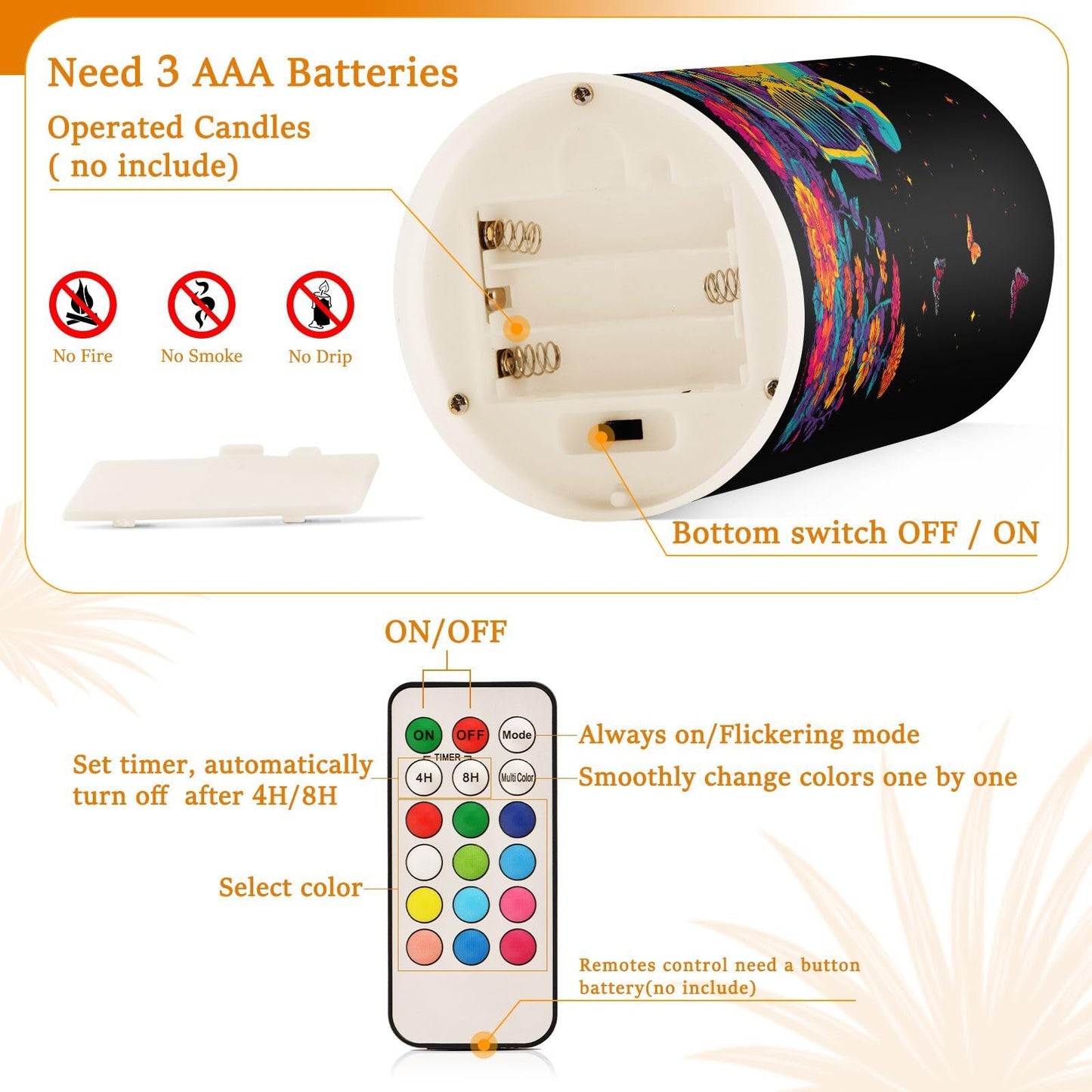 ALAZA Flameless Candles with Remote Timer,Rainbow Skull Battery Operated Candles Set of 2 LED Tea Lights Flickering Pillar Votive Candles for Indoor Outdoor Decor