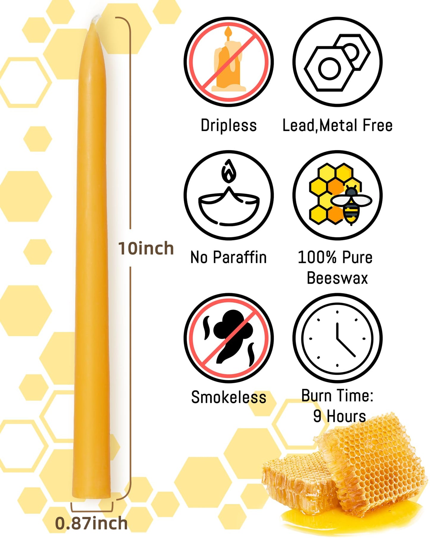 Viyffo 10 Inch Pure Beeswax Taper Candles, 4 Pack Handcrafted Dripless & Smokeless Long Burning Unscented Candles, 9 Hour Burn for Dinner, Wedding, Home, Prayer Decor