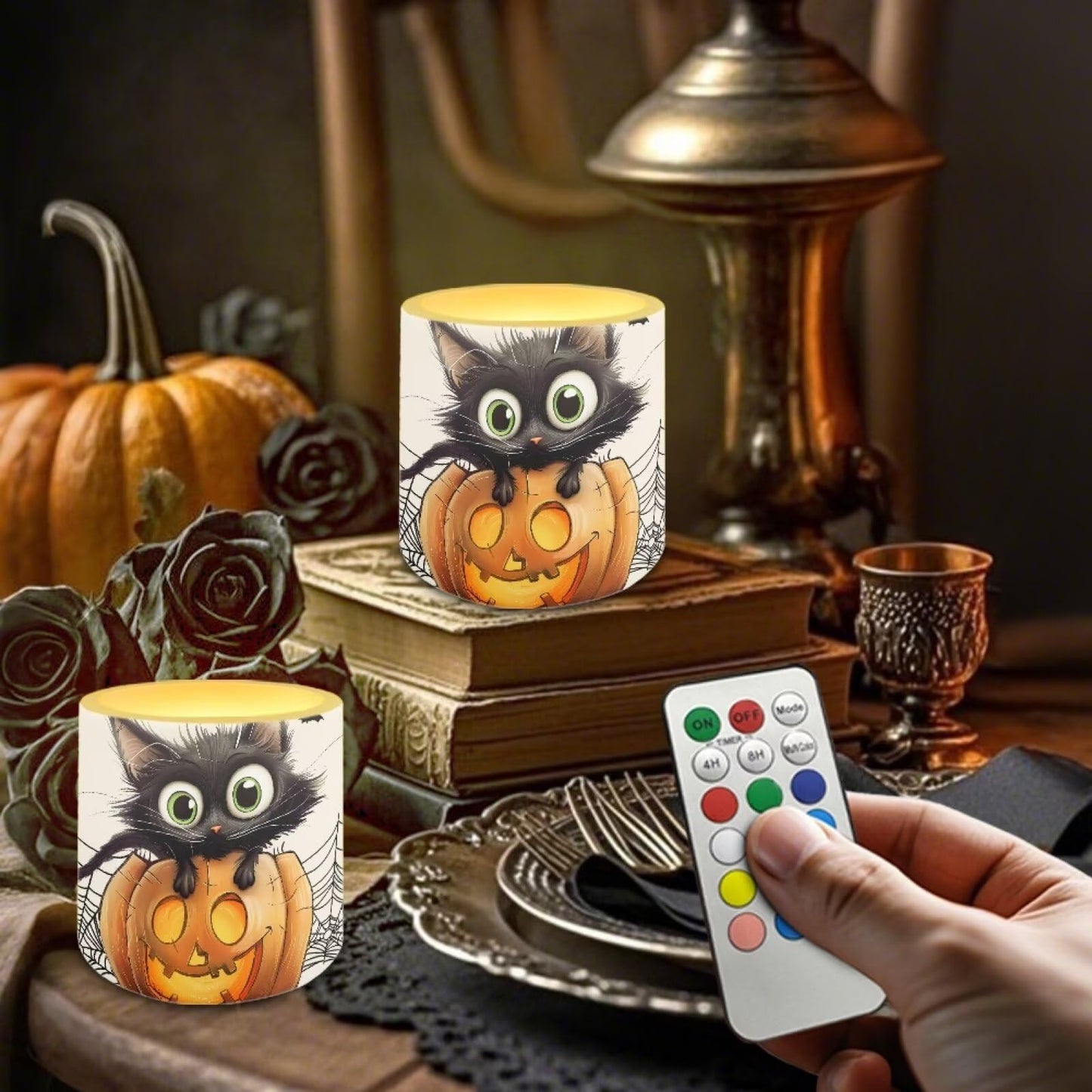 Merkmak Pack of 4 Halloween Flameless Candles with Remote Battery Operated Candles with Timer Flickering LED Elictric Pillar Tealights for Indoor Outdoor Home Decor, Spider Web Black Cat Bat