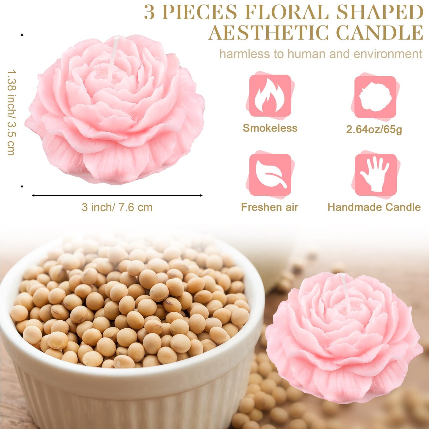 Roowest 3 Pcs Flower Shape Trendy Candles Floral Shaped Aesthetic Candle Soy Wax Handmade Minimalism Decorative for Home Spa Yoga Decor Art Gift(Pink)