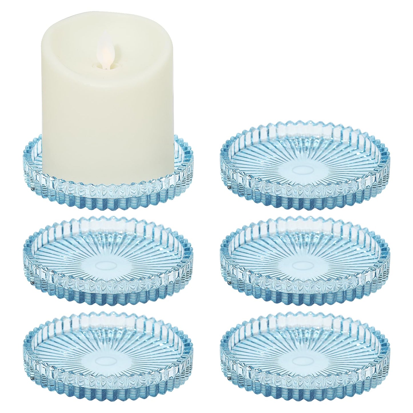 CHOCSTAY Glass Pillar Candle Holder, 4" Blue Candle Plates Set of 6, Glass Candle Holders for Wedding, Party, Holiday, Home Decor, Table Centerpiece