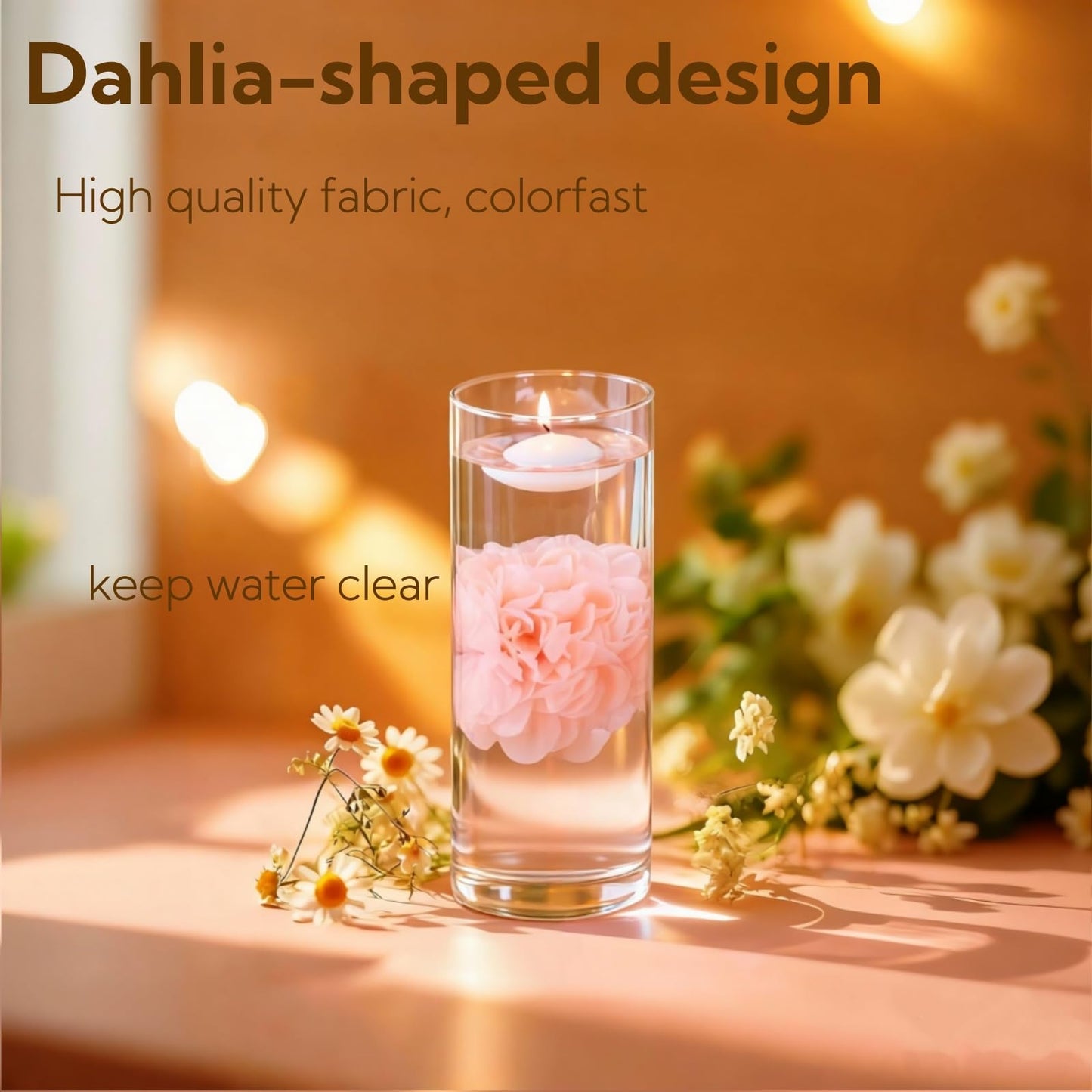 UDU 24 Pcs Floating Candles for Centerpieces and Floating Flowers for Centerpieces Artificial Flower Head for Home Birthday Wedding Party Table Decor Pink