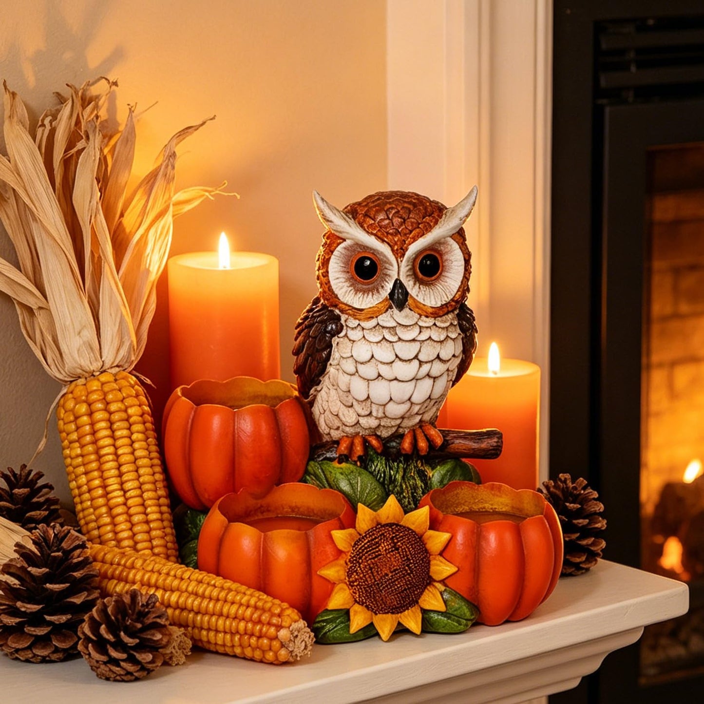 Fall Owl Candle Holder with 3 Pumpkin Tealight Holders & Sunflower, Rustic Owl Statue Thanksgiving Table Centerpieces Autumn Decorative Candle Holders for Home, Farmhouse