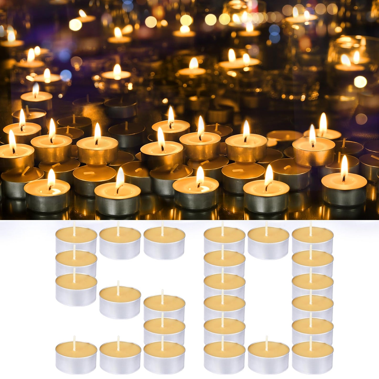 Natural Organic Beeswax Tea Candles in Metal Aluminum Cup - Small Candle Bulk Natural Scent Smokeless 4-5 Hours Long Burning - Yellow, Pack of 50