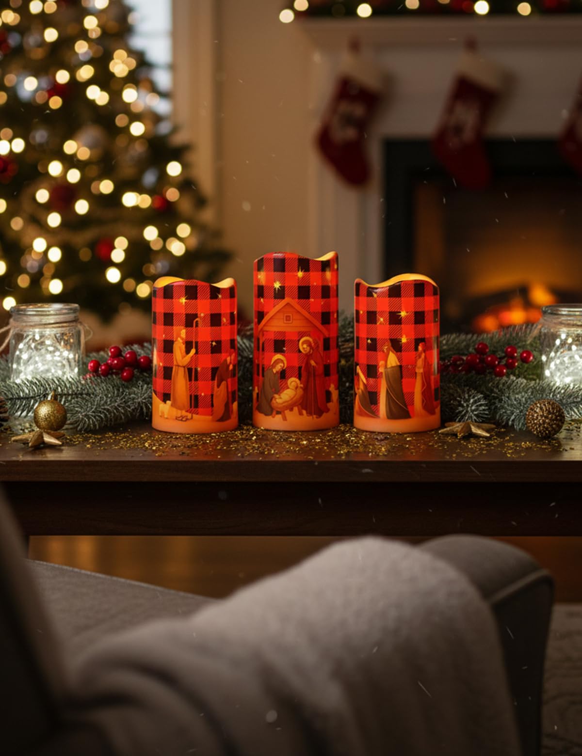 Glflickerow 3Pcs Christmas Red and Black Nativity Scene Flameless Candles LED Pillar Jesus Religion Candle Battery Operated with Timer for Xmas Christian Holiday Table Home Decor Church Party