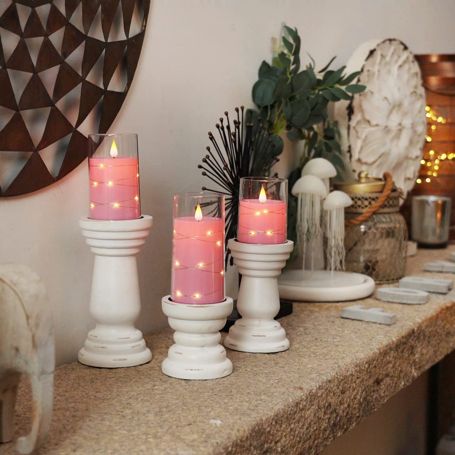 Homemory Flickering Flameless Candles with String Lights, Battery Operated Candles, Embedded String Lights LED Candles, Unbreakable Plexiglass Candle with Remote, Set of 3, Pink