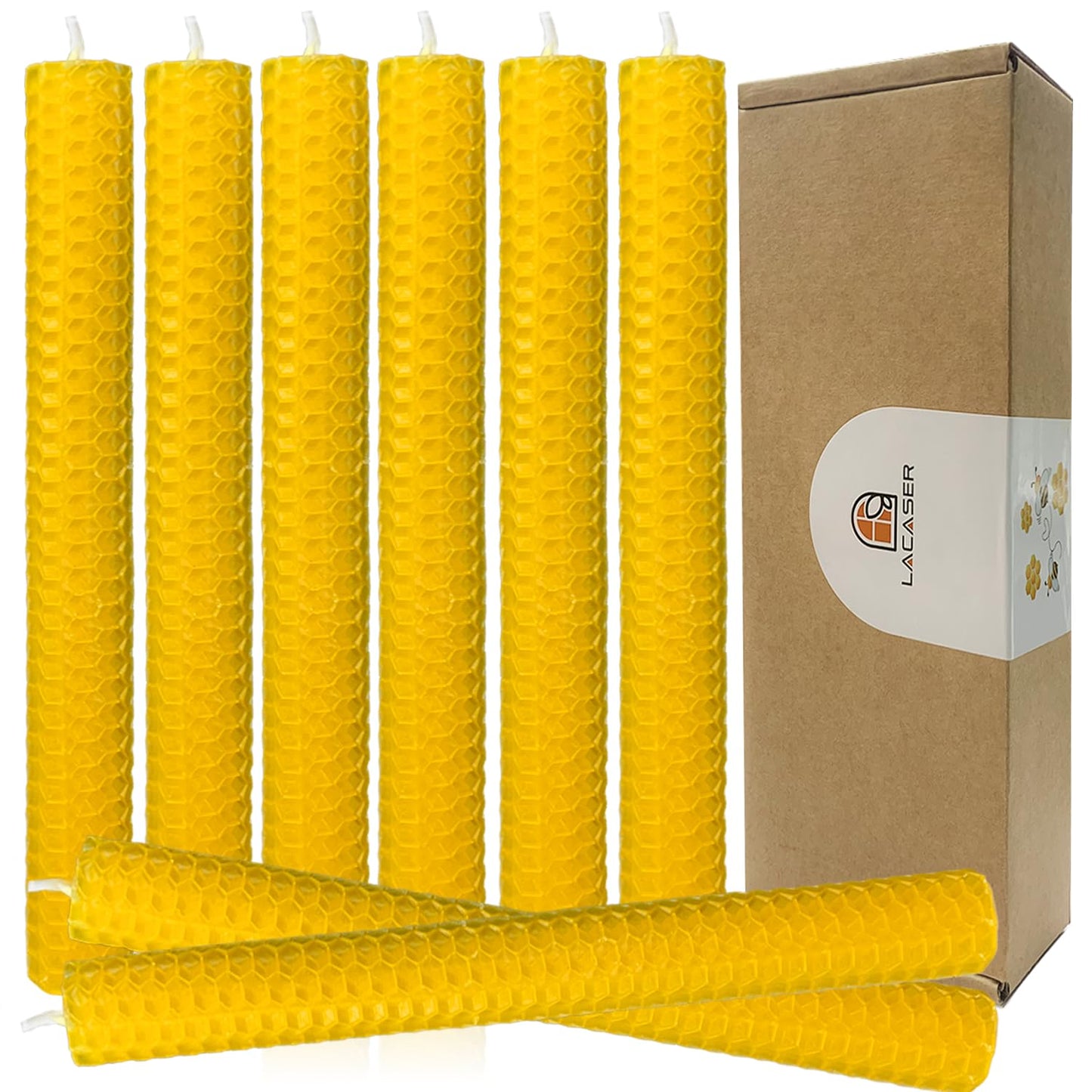 Lacaser Beeswax Taper Candles 8 Pack, 9“ Long Candles for Candletsicks, Dripless & Unscented, 4 Hours Burn Time, Yellow