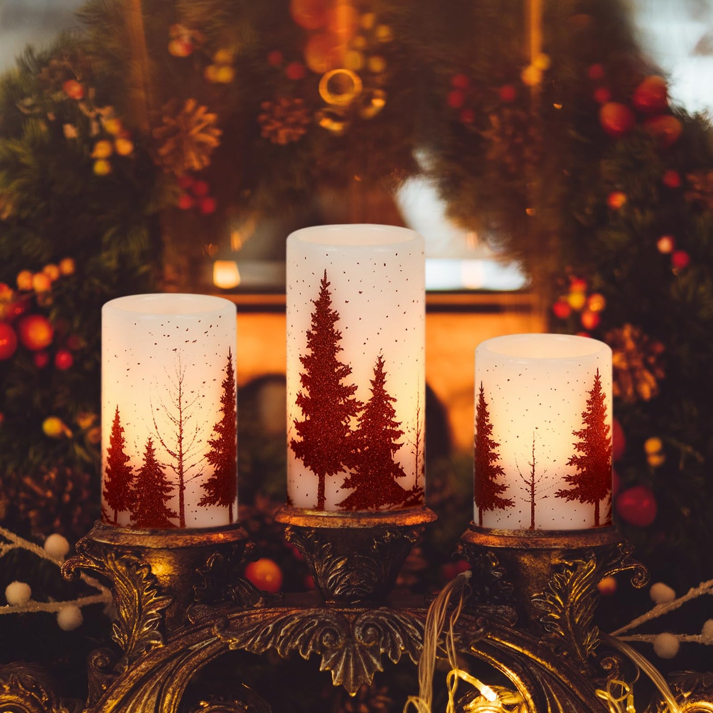 Eldnacele Christmas Flickering Flameless Candles with 6 Hour Timer, Red Christmas Tree Decal Battery Operated Real Wax LED Pillar Candles Home Tabletop Holiday Decor(3Pcs,3×4/5/6 Inches)
