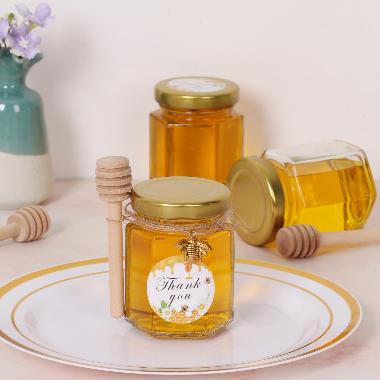 BIGIVACA 3 oz Mini Honey Jars - 20 Pack Hexagon Glass Jars with Wood Dippers, Gold Lids, Bee Pendants, Jutes, Stickers for Wedding Favors, Party Favors, Candle Making