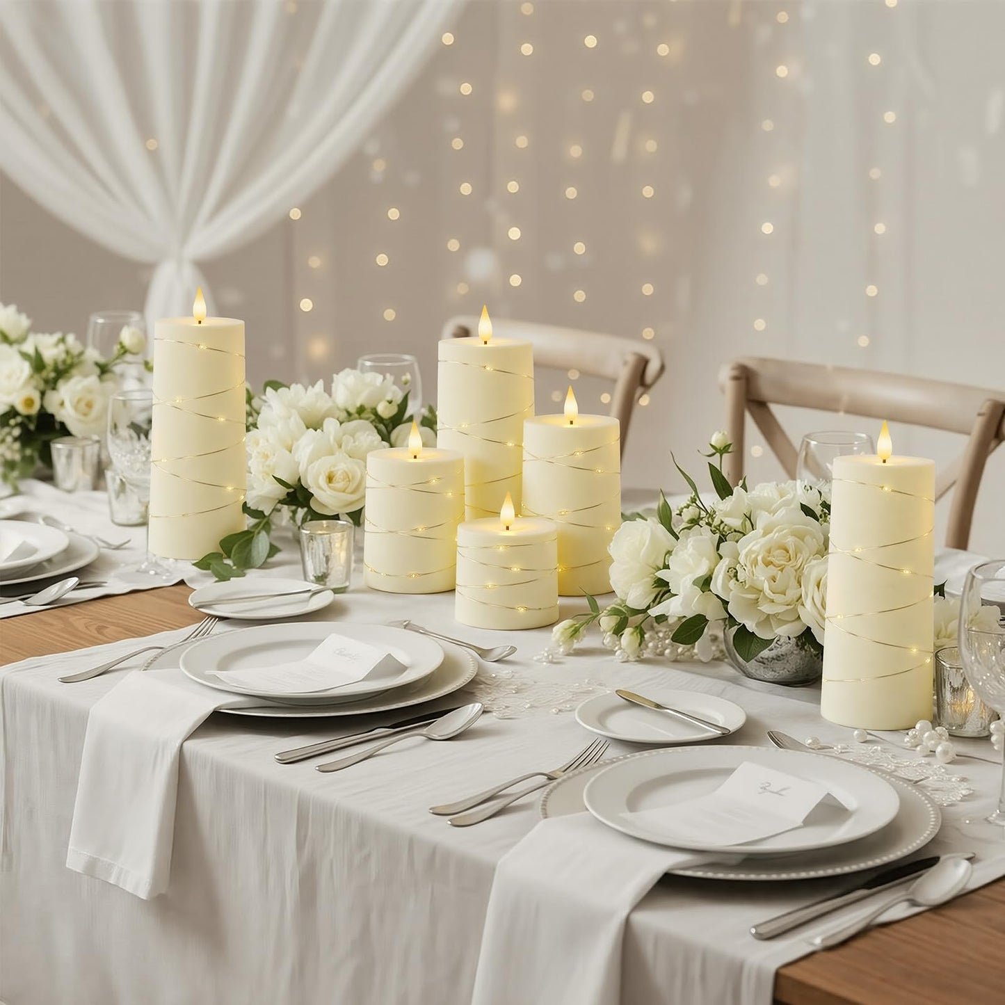 Raycare Flameless Candles with Remote Timer, Flickering Battery Operated LED Pillar Fake Candle with String Lights for Home Decor, Christmas, Wedding and Gift, Ivory, Set of 5