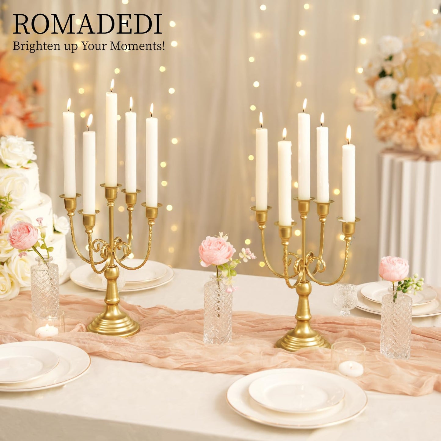 Romadedi Candelabra Gold Candle Holders - 5 Arm 11.8" Wedding Candlestick Holder for Theme Party Table Centerpiece Decor Dining Room Birthday Holiday Christmas, Set of 6