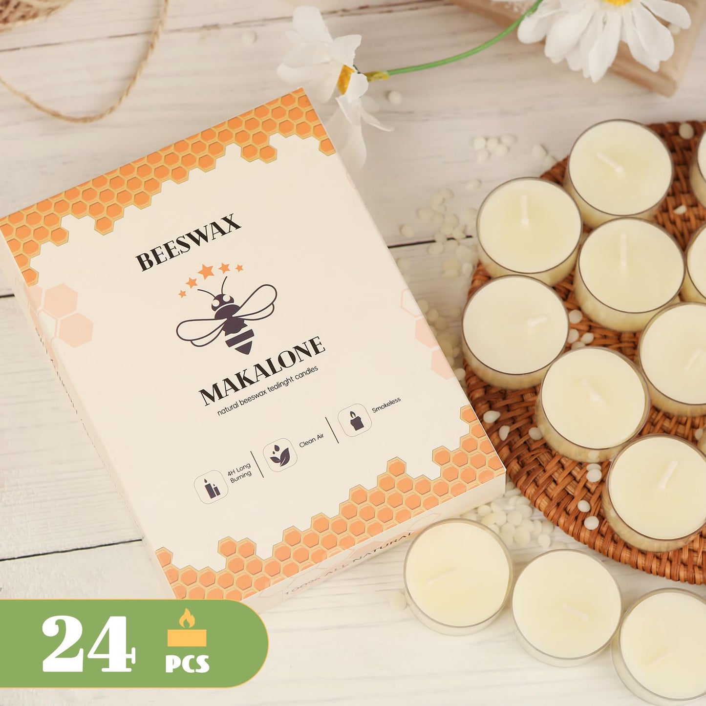 24Pcs White Beeswax Tea Light Candles-4 Hour Burn Time,100% Pure Natural Beeswax-Clean Burning & Air Purifying, Smokeless Bulk Tea Lights for Spa,Meditation,Wedding & Home Decor