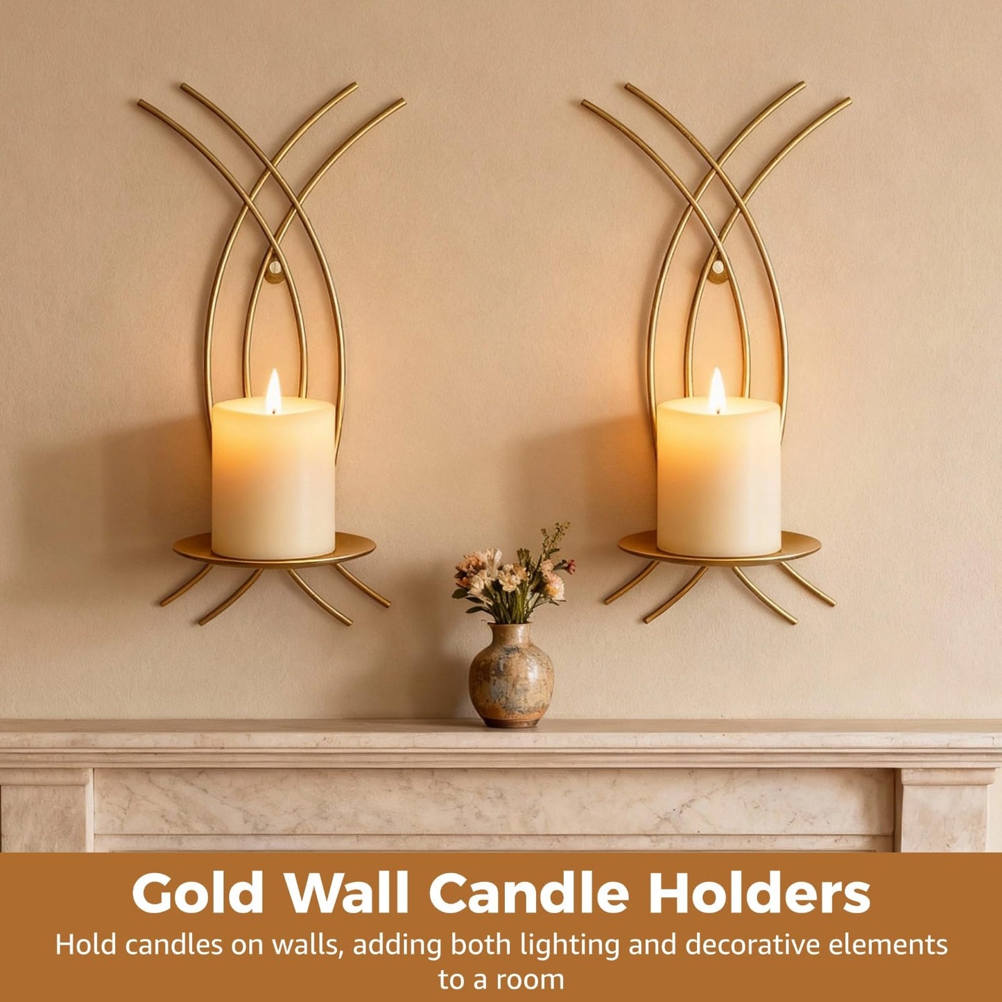 2 Pcs Gold Wall Sconces Candle Holder Set, Metal Iron Wall Mounted Decorative Sconce Rack, Unique Linear Design & Artistic Flair, Hanging Art for Living Room Home Decor
