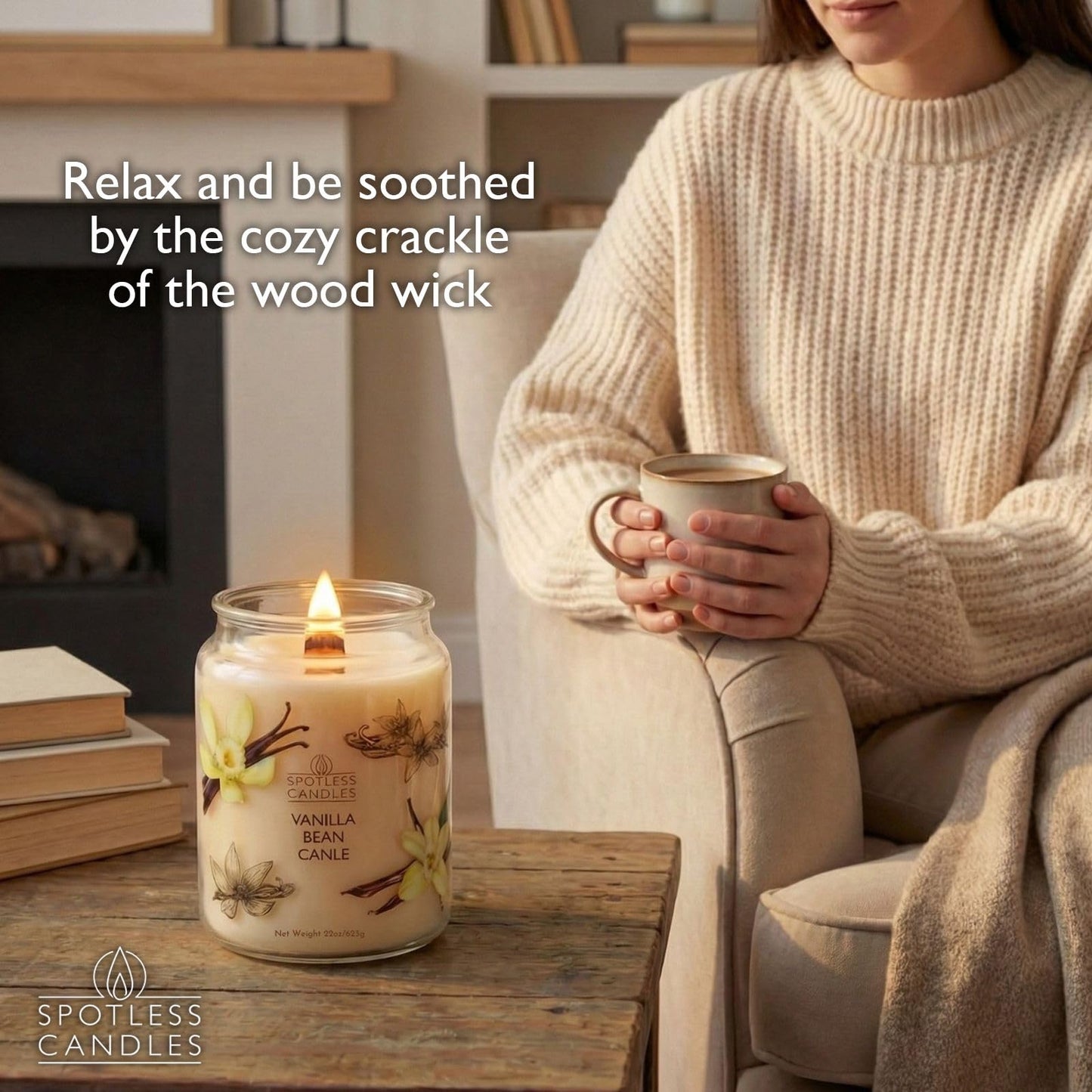 Vanilla Bean Candle 22oz: Upto 130 Hours Burn Time, Crackling Wooden Wick in Large Candle Jar with a Luxury Gift Box & Protective Shipper, Scented Candle by Spotless Candles
