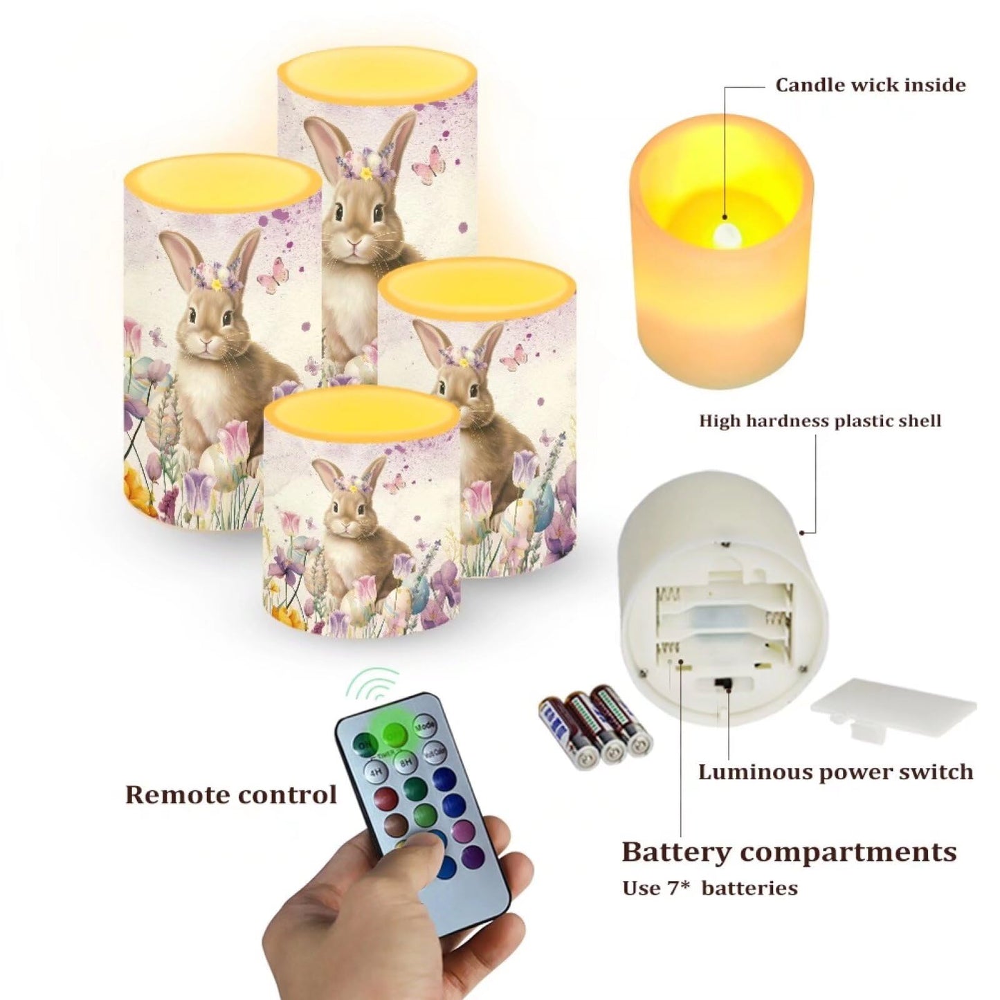 NETILGEN Easter Holiday Decor Flameless Flickering Candles with Remote, Timer Battery Operated LED Pillar Candles 4 Pcs Party Decor Candles Floral Easter Bunny Print