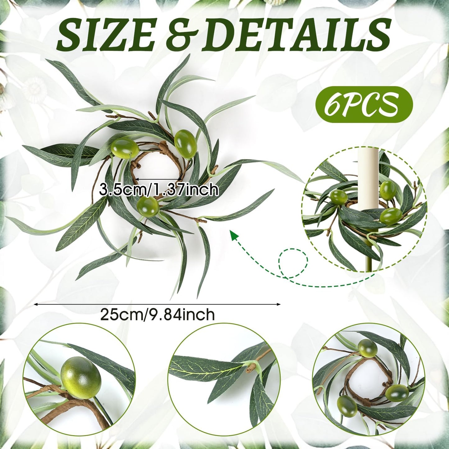 6 PCS 1.38" Mini Spring Summer Taper Candle Ring Mini Green Olive Candle Rings for Tapers Small Artificial Greenery Candle Holder Wreaths for Table Centerpieces Home Wedding Candlesticks Decor