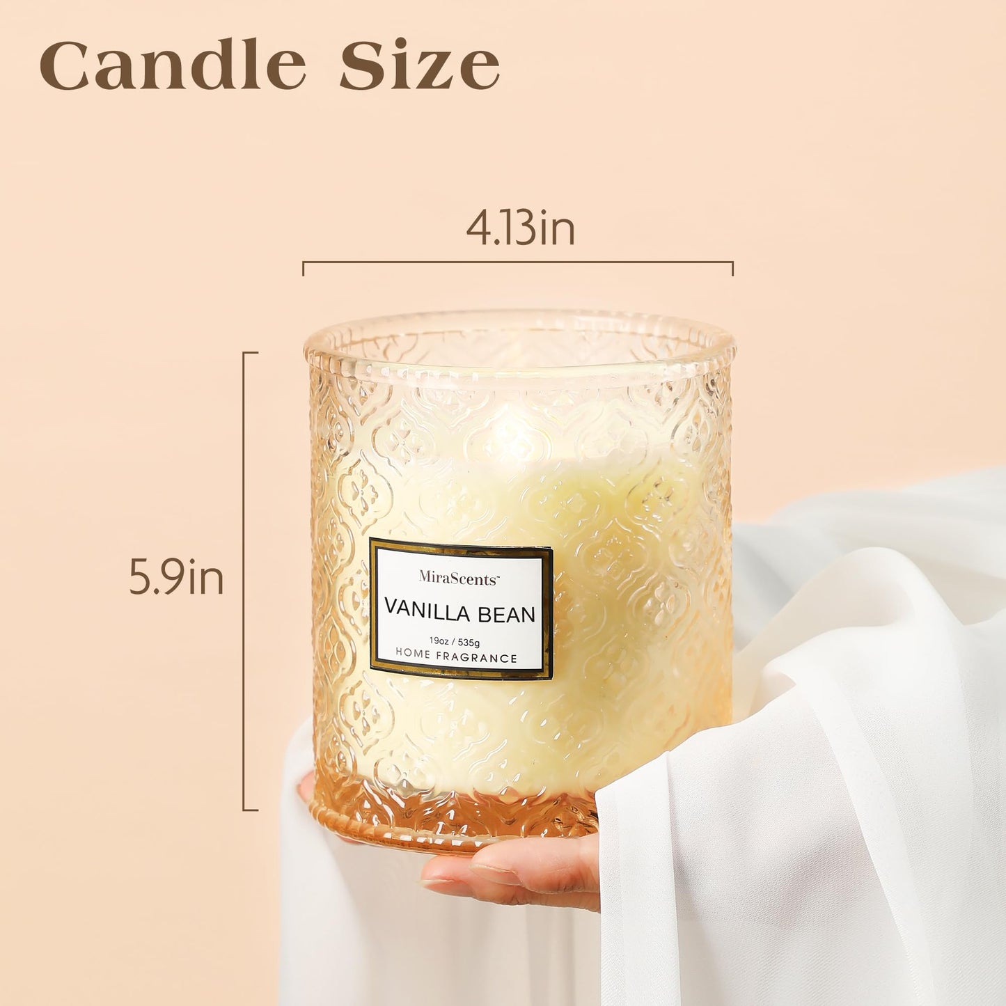 Vanilla Bean Candle, Large Decorative Glass Candle 19oz, Luxury Soy Wax Scented Candle Gift for Women, Home Fragrance for Living Room