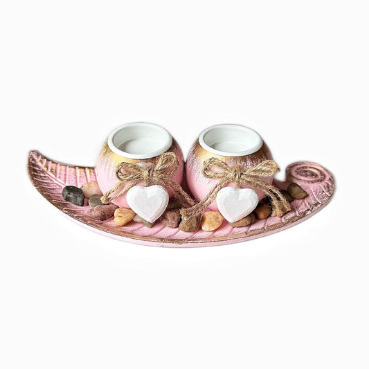 Fiarbrty Wooden Tealight Candle Holders,Pink Leaf Shaped Wooden Tray with Two Tealight Candles, Holders for Table Centerpiece Decor,Wedding,Anniversary,Valentine's Day
