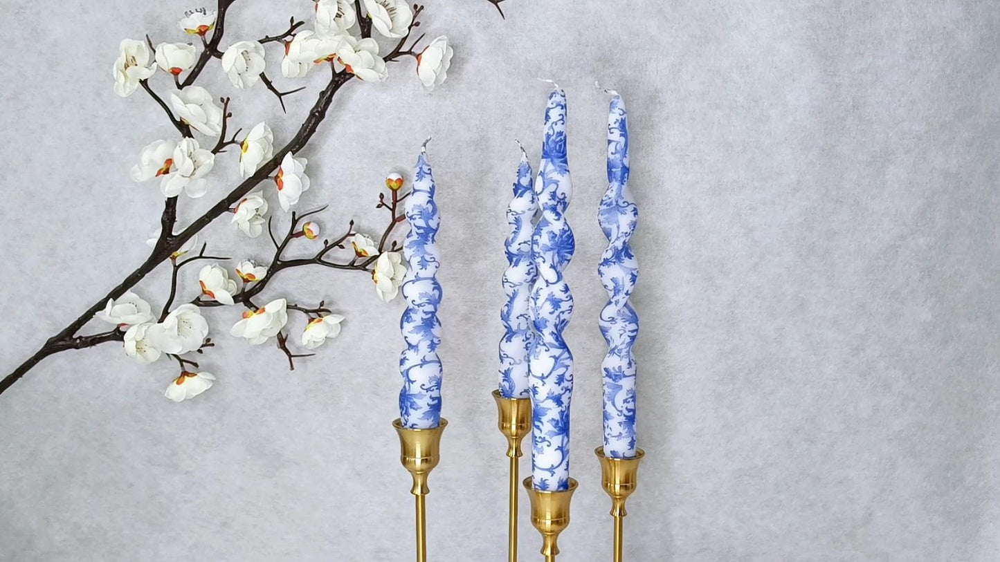 NJAO HOO Floral Taper Candles 7.5 in Spiral Candlesticks Hand Printed Blue and White Candlestick Twisted Taper Candle for Home Garden Decor 2 Pack