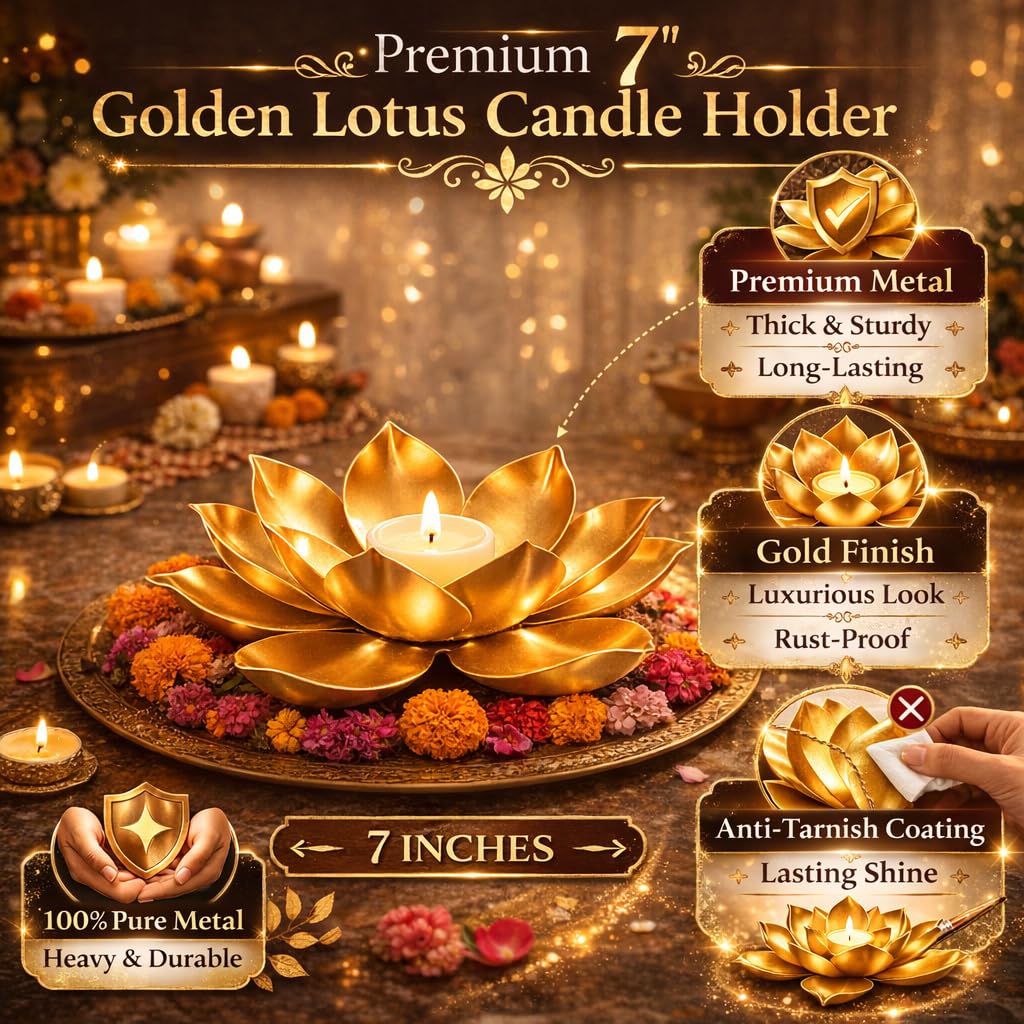 Agaas Enterprises Golden Metal Big Size 7 inch Table Lotus Flower T-light /Tealight Holder Diwali Diya Decoration Item | Diwali decoration | Home decoration |Tealight Candle Holder Votive Candle