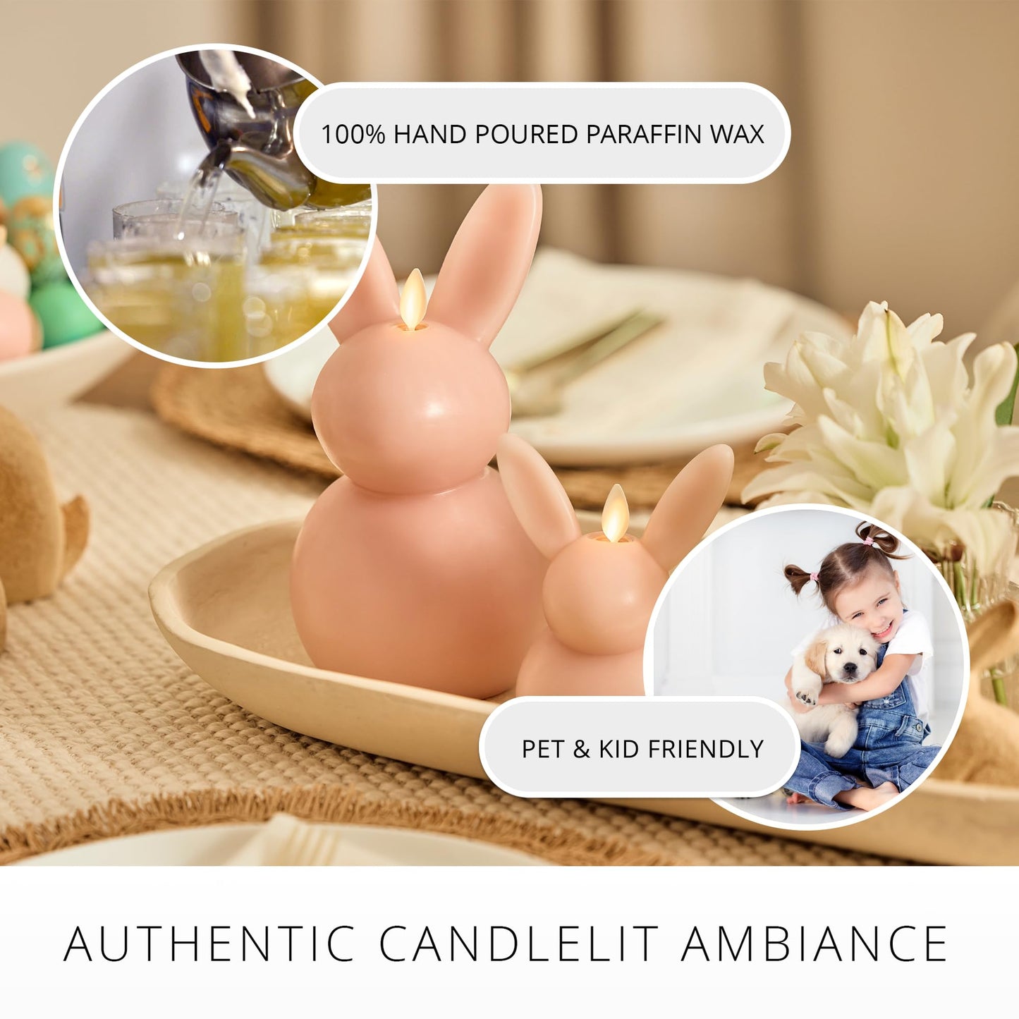 Luminara Easter Bunny Candle- Dusky Rose 4.5" x 4.5" x 8.5"- Flameless Real-Flame Holiday-Inspired Decor- AA Batteries- Flickering LED Flame
