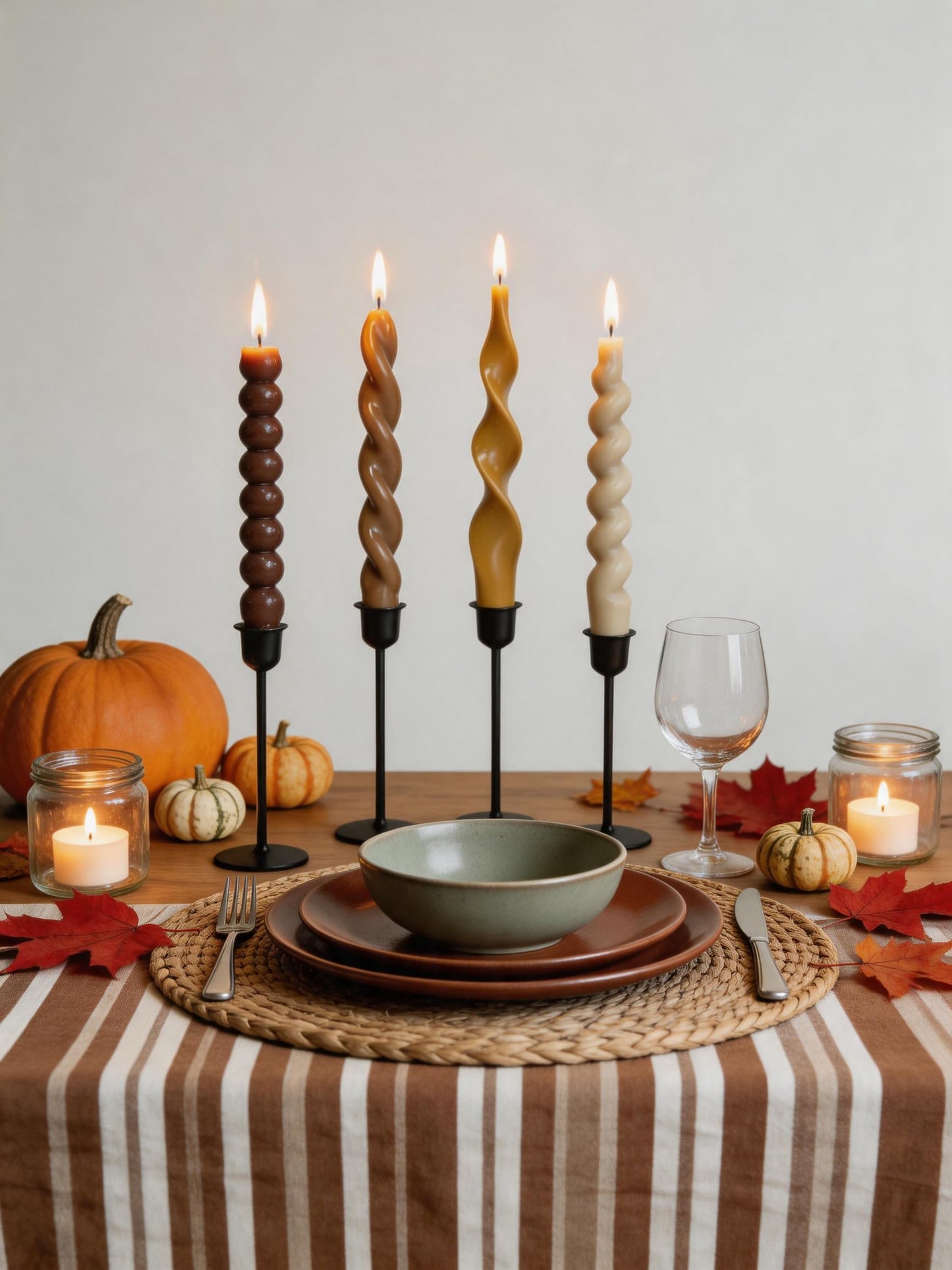 Spiral Taper Candles Brown Short Candle Sticks Unscented Smokeless Twisted Candlesticks for Dinner Party Holiday Fall Halloween and Harvest-7.5inch-12pack