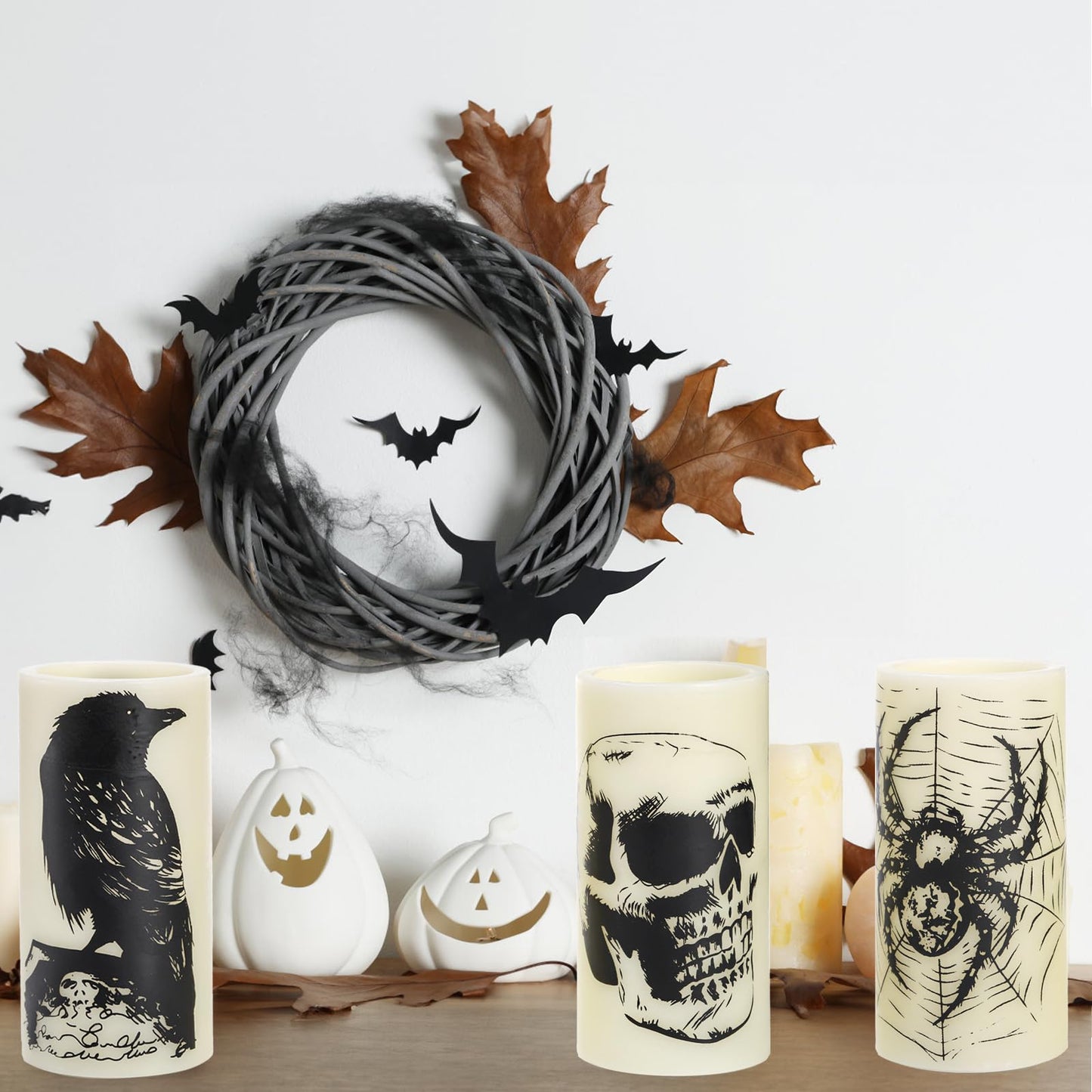 Hbaushun Halloween Flameless Candles LED Flickering Candles with Skull, Crow, Spider Web Decals,Battery Operated with 6 Hour Timer Halloween Decorations Horror Themed Candles(3 Pack, D3 x H6)