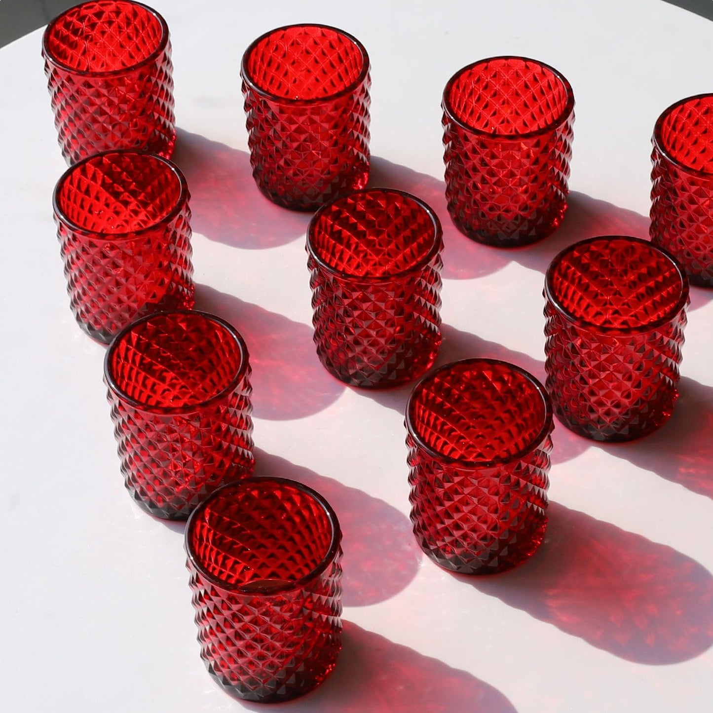 Woho Red Votive Candle Holders Bulk Set of 12, Glass Tea Lights Candle Holder for Wedding Table Centerpiece, Studded Diamond Tealight Candle Holder for Christmas Party Holiday Home Decor