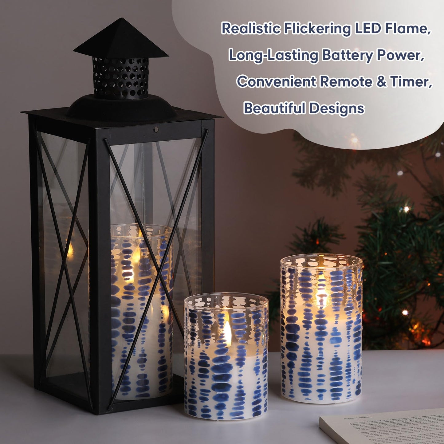 Eywamage Blue Dots Flameless Candles in Glass Jars, Flickering Battery LED Pillar Candles with Remote Set of 3