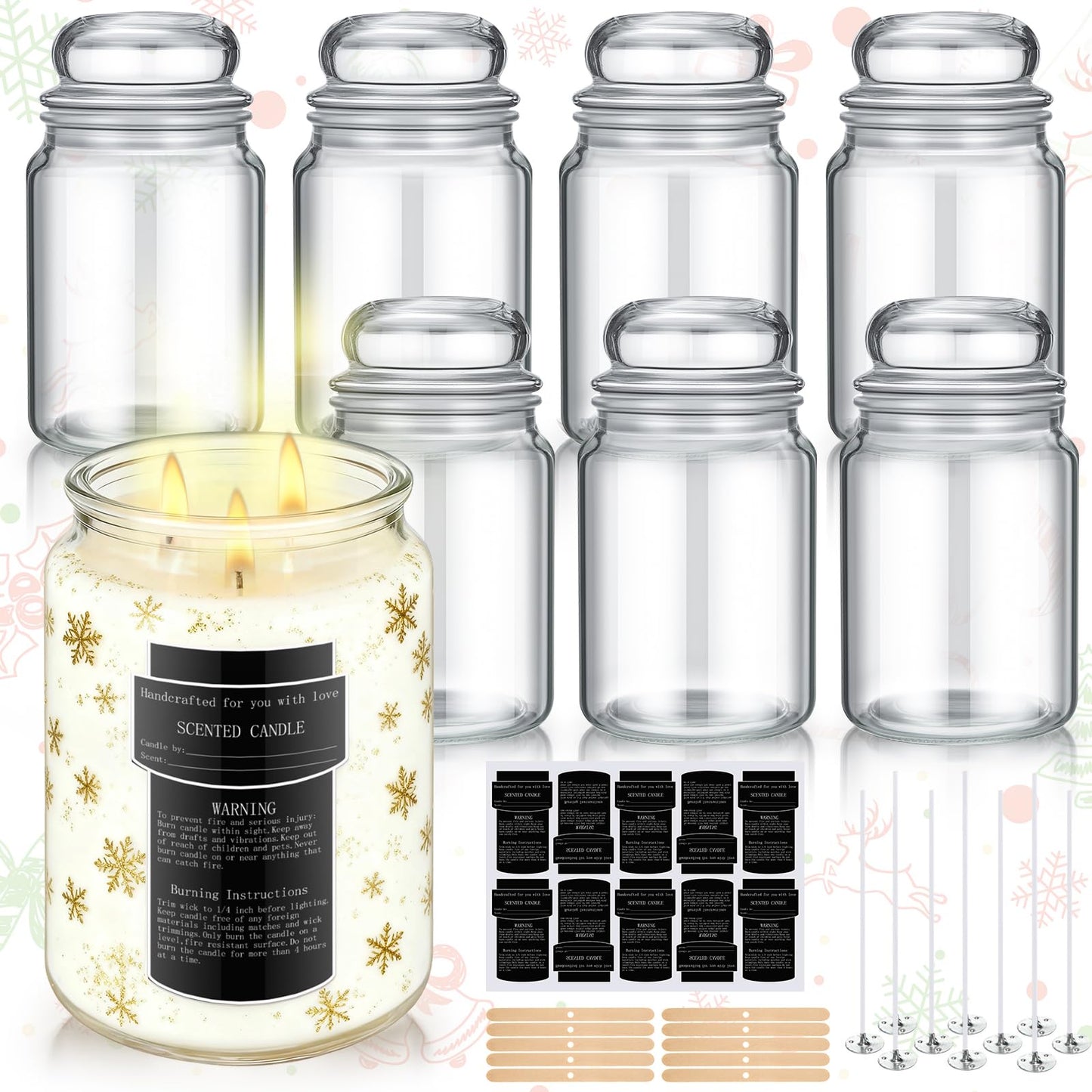 Ziliny 6 Pack 25 oz Glass Candle Jars with Airtight Lids Large Thick Clear Candle Containers with 10 Warning Labels Wooden Wick Holders