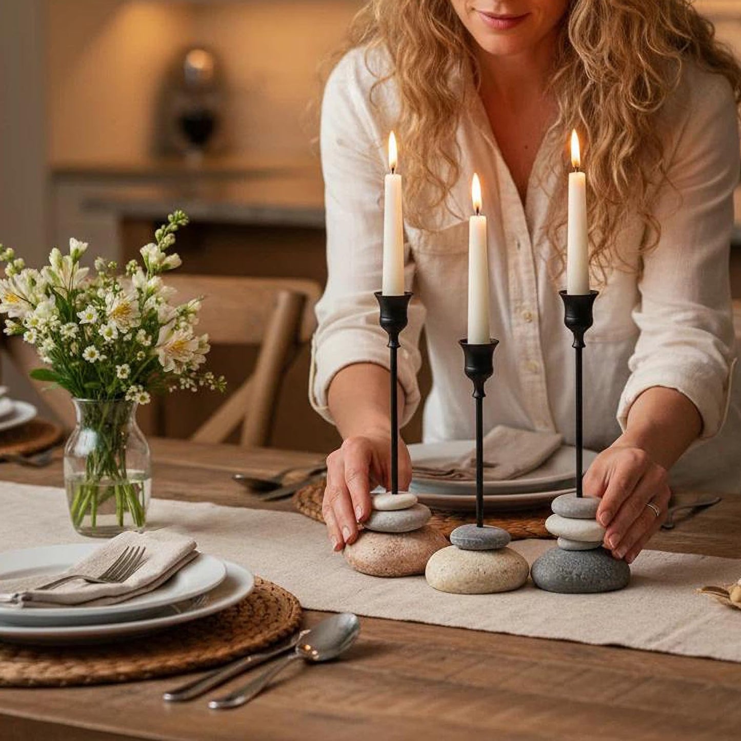 3 Pack Modern Tapered Candlestick Holders with Removable Cup, Handmade Stone Look Candle Holder, Weighted Base Resin Candle Sticks Holder Decor for Dining Table, Mantel & Home