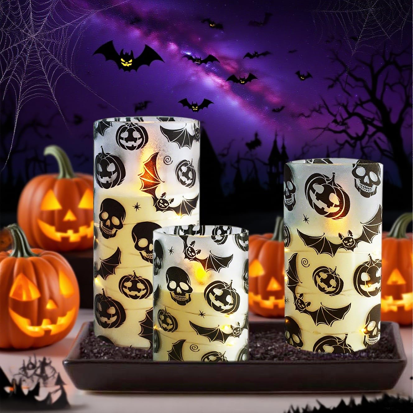 Flickering Flameless Candles Halloween Bat Embedded Star String Lights, Battery Operated Acrylic LED Pillar Candles with 11-Key Remote and Timer for Home Decoration, 3 Pack