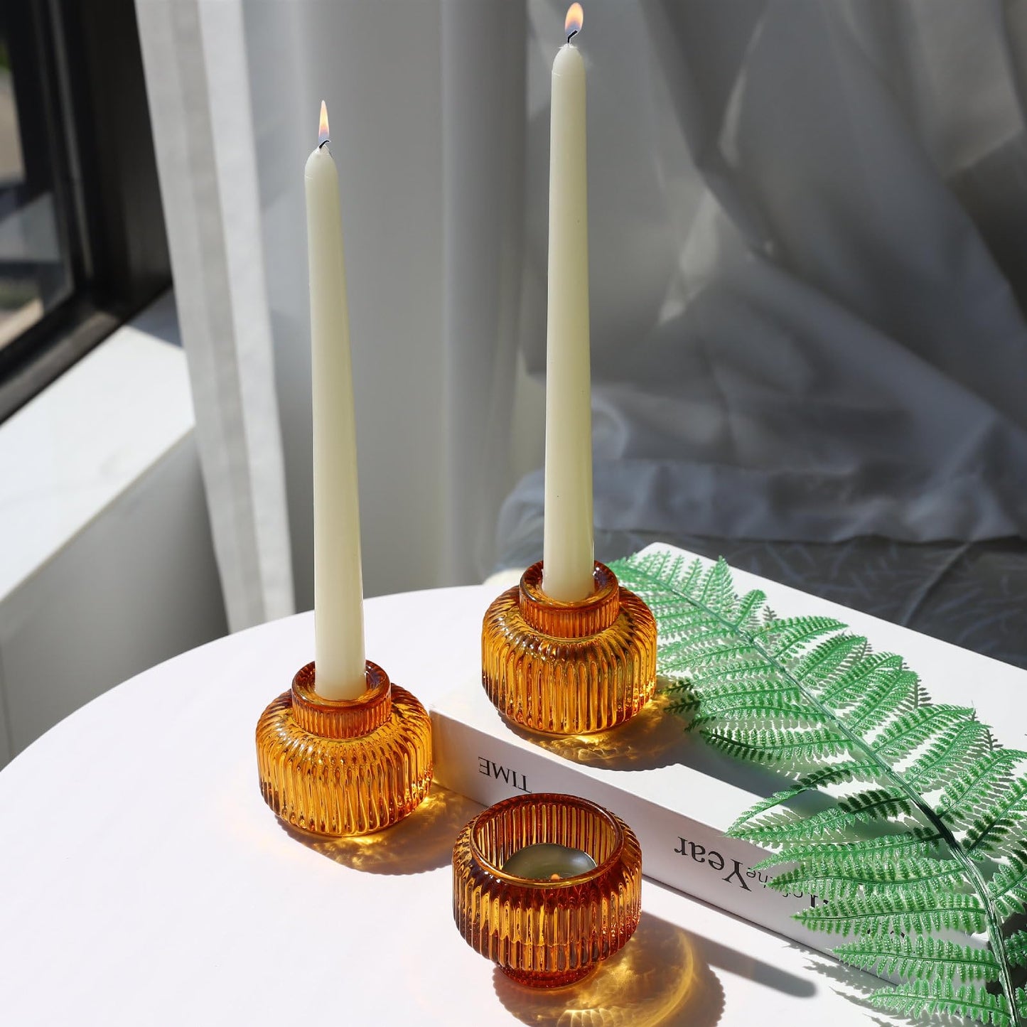 Woho Candlestick Holders Set of 4, Amber Votive Candle Holders for Fall Wedding Table Centerpiece, Ribbed Glass Taper Candle Holders for Dinner Party Halloween Thanksgiving Decor