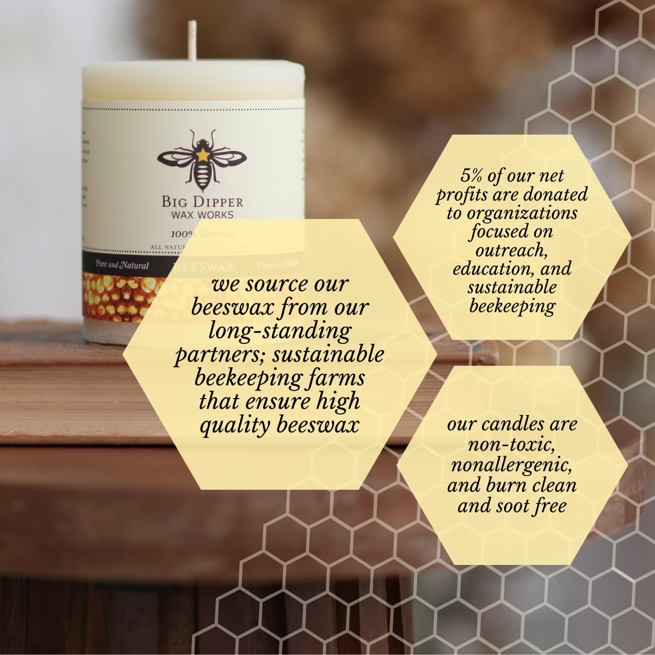Big Dipper Wax Works Ivory Beeswax Pillar Candle 3" x 3.5" – 60-Hour Burn, Non-Toxic & Clean Burning, Pure Beeswax, Handmade in USA