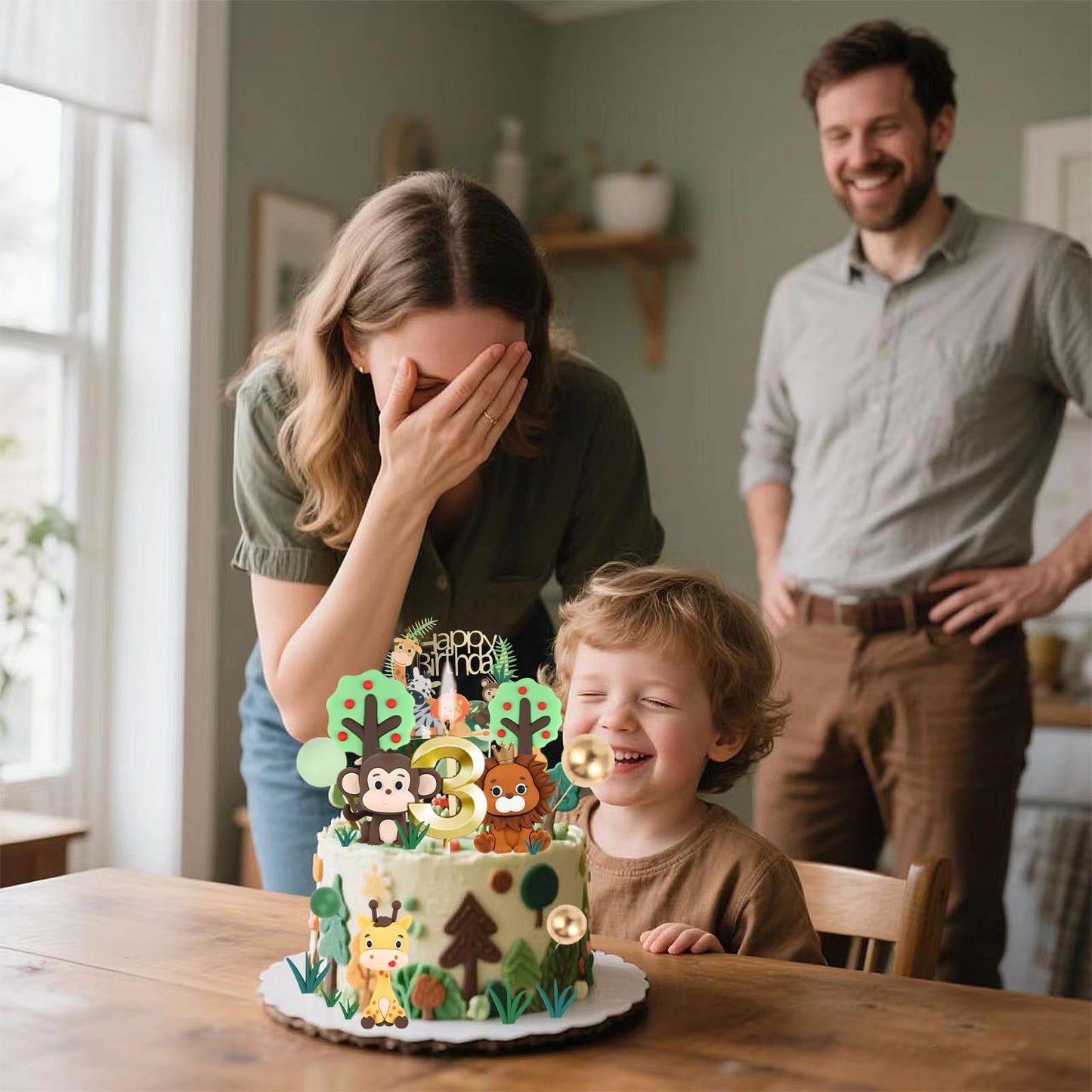 3st Birthday Safari Cake Toppers Set - 3D Lion, Monkey, Giraffe with Number 3 Candle, 8 Grass, Trees & Balls - 21PCS Jungle Animal Cake Decorations Kit for Boys Girls 3 Year Old Party (3st)