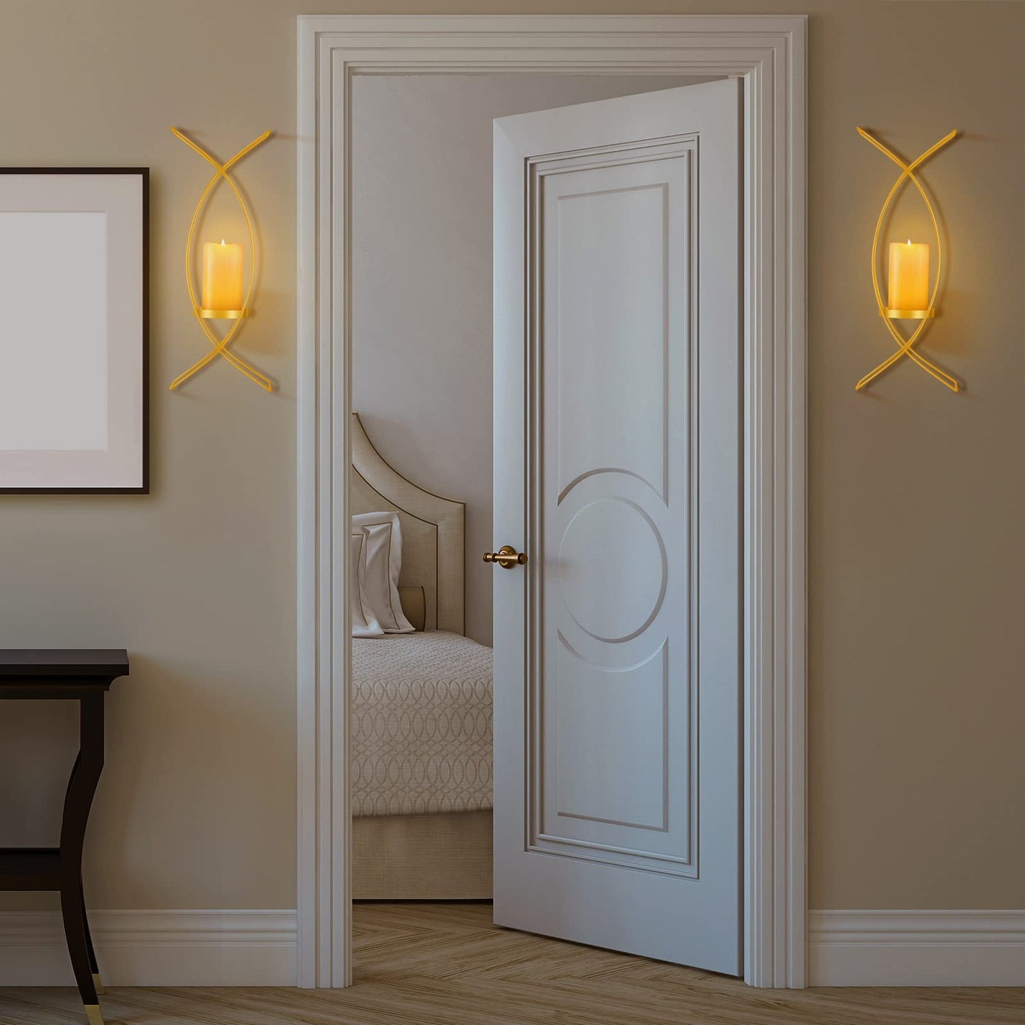 Vesici Candle Sconces Set of Two Metal Wall Candle Holder Wall Mounted Sconces Decorative Iron Holder for Living Room Bedroom Dining Room Decorations(Gold)