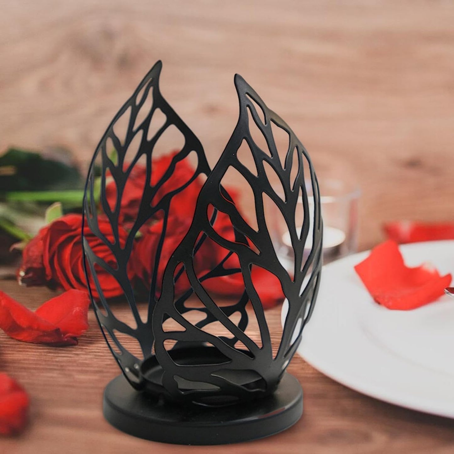 Metal Candlestick Holder Hollow Candle Stand Decorative Candle Stand Leaf Tealight Candle Holder Iron Candleholder for Wedding Living Room Home Party Table Decoration - Black