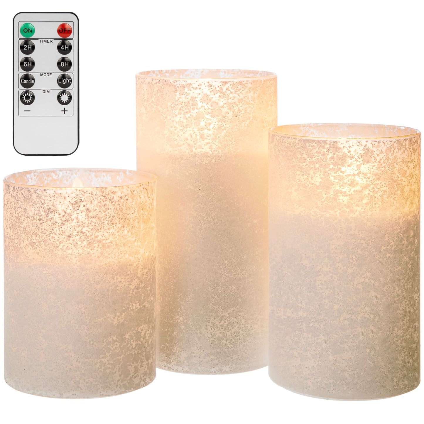 HJANDHJ Flickering Flameless Candles with Remote, Battery Operated Candles with Timer, Sandblasted Glass LED Pillar Candles for Christmas/Home Decorations(White,Set of 3)