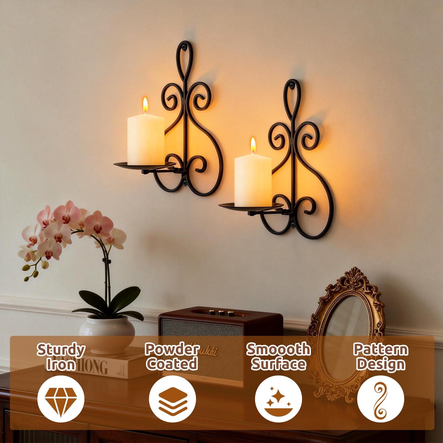 Wall Candle Sconces Set of 2, Double Scroll Pattern Candle Sconces, Metal Wall Candle Holder for Home Decor, Living Room, Dining Room, Bedroom, Black, Gifts for Men Women Mom or Dad