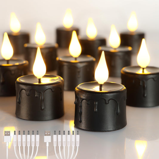 yunsheng 12PCS Black Rechargeable LED Tea Lights Candles with 6H Timer, Halloween Melting Flameless Flickering Candle, Warm White Electric Fake Candles with 2USB Charging Cable, Holiday Home Decor