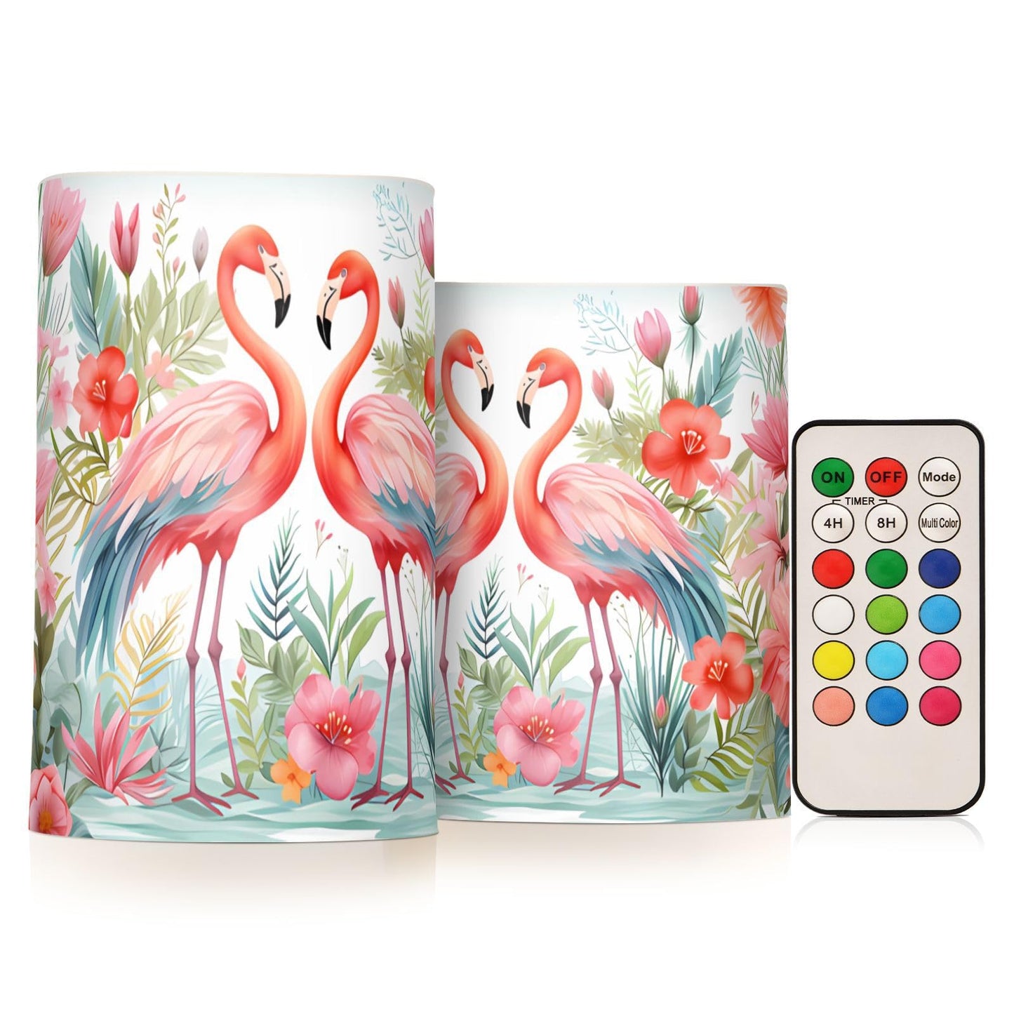 BOENLE Flickering Flameless Candles, Pink Flamingo Print LED Candles with Remote Timer, Set of 2 Battery Operated Candle for Valentine Wedding Birthday