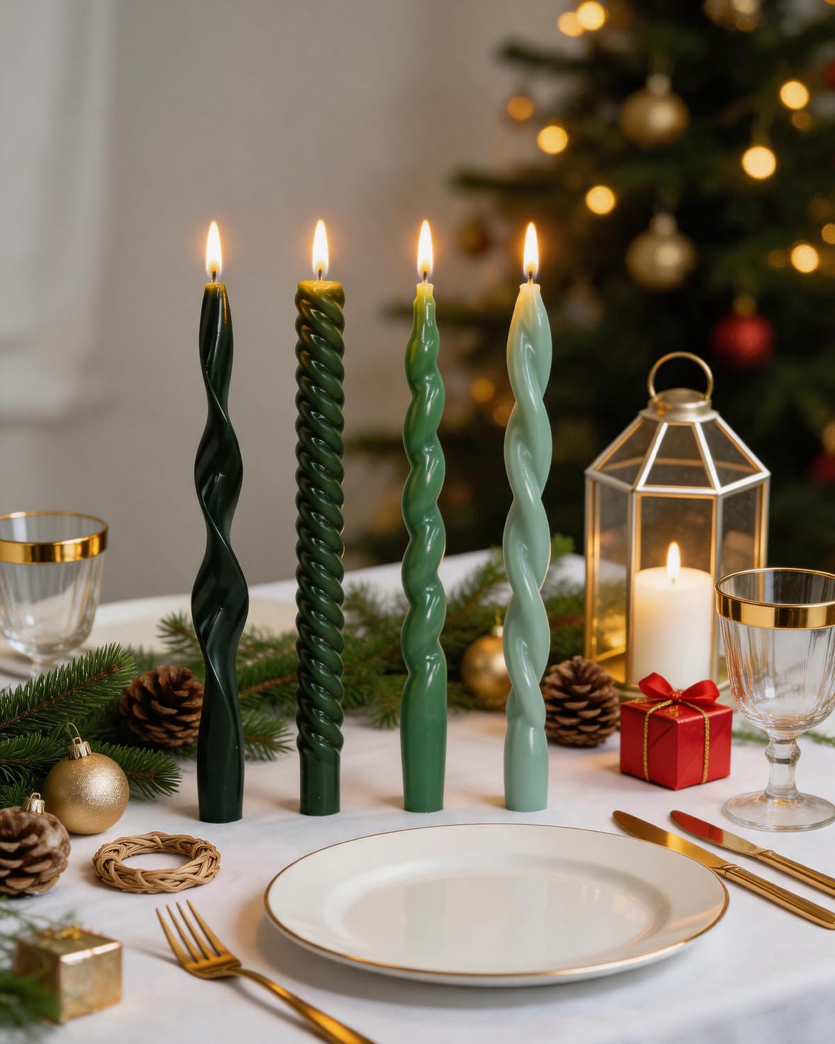 10 Inch Green Taper Candles-Spiral Tapered Candle Smokeless Unscented Candlestick Long Slow Burning 8 Hours Tall Sticks for Christmas Wedding Dinner Parties-4Pack