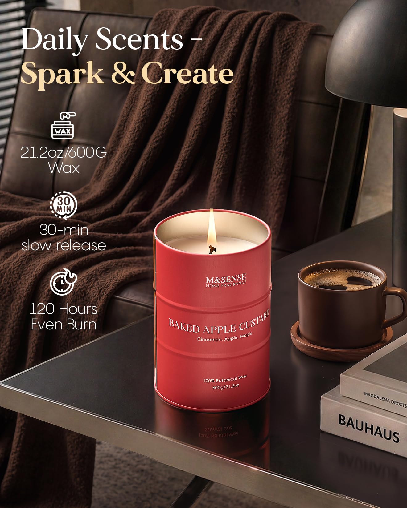 M&SENSE Baked Apple Scented Candles Large, Natural Soy Candles 21.2oz 120 Hour Slow Burning,Christmas Candle Candle for Stress Relief Meditation Relaxing,Aromatherapy Christmas Decor