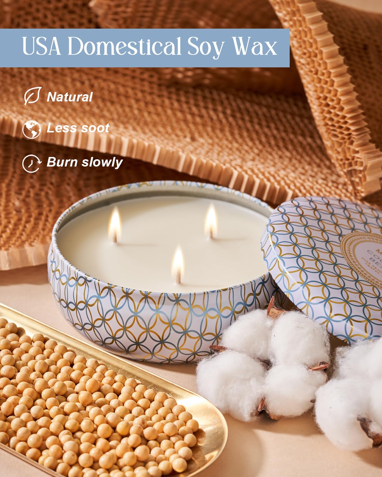M&SENSE Coconut Beach Scented Candles 12 oz, Large 3 Wick Soy Tin Candle, Over 40 Hour Burning Time, 100% Natural Vegan Wax, Relaxing Aromatherapy Aesthetic Candle Gift for Women Men